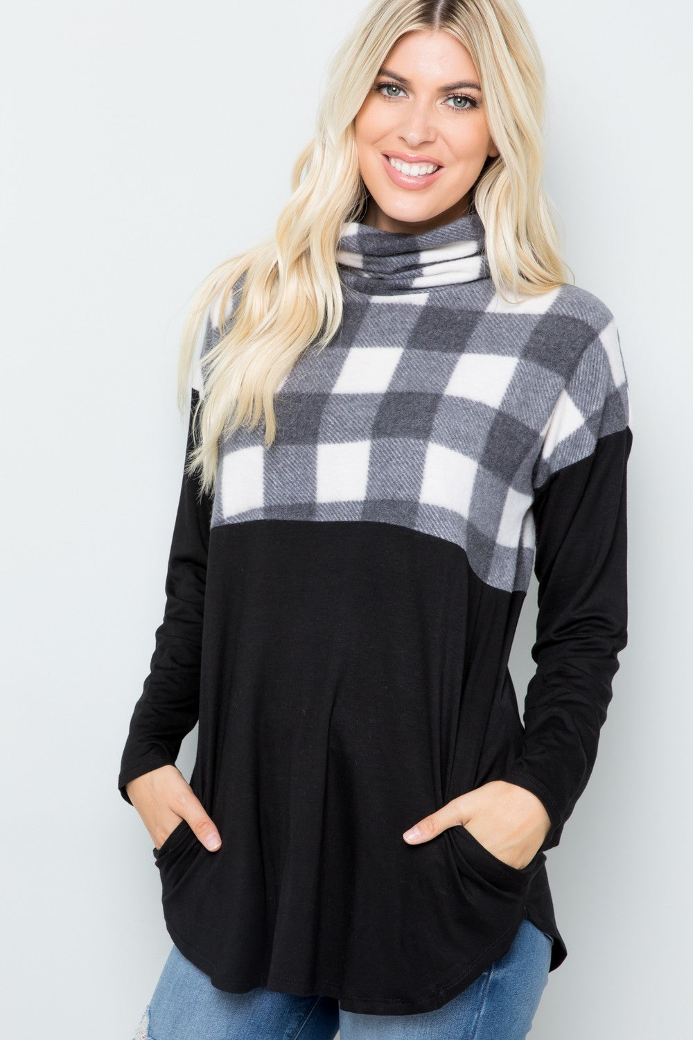 Blue Zone Planet | Celeste Full Szie Pocketed Plaid Turtleneck Long Sleeve Blouse-TOPS / DRESSES-[Adult]-[Female]-2022 Online Blue Zone Planet