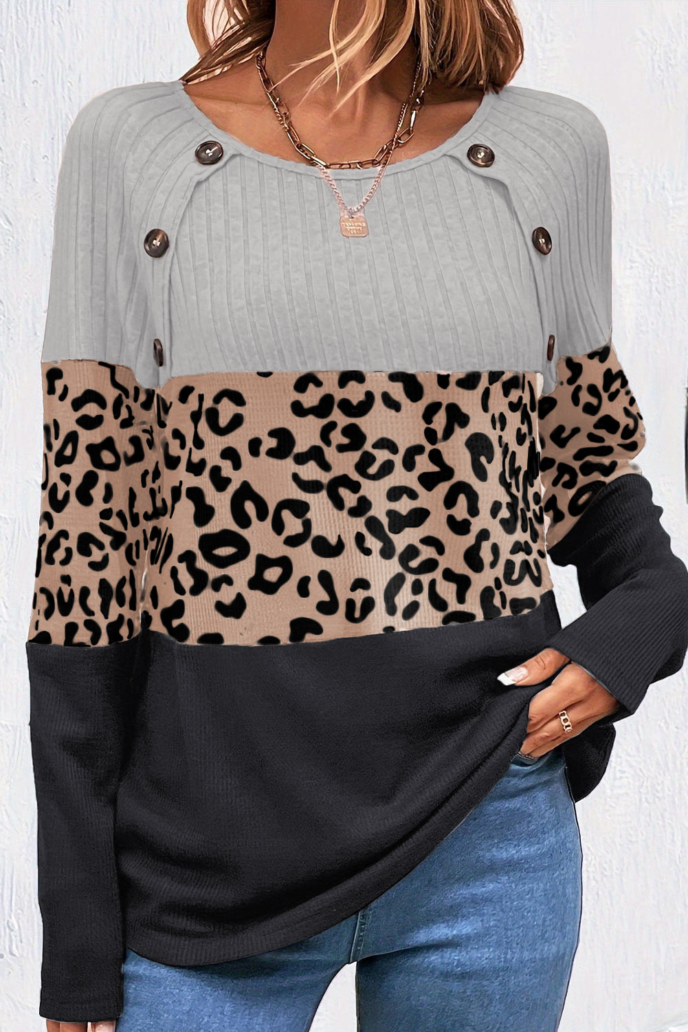 Black Cheetah Textured Patchwork Buttoned Round Neck T Shirt-Tops/Long Sleeve Tops-[Adult]-[Female]-2022 Online Blue Zone Planet