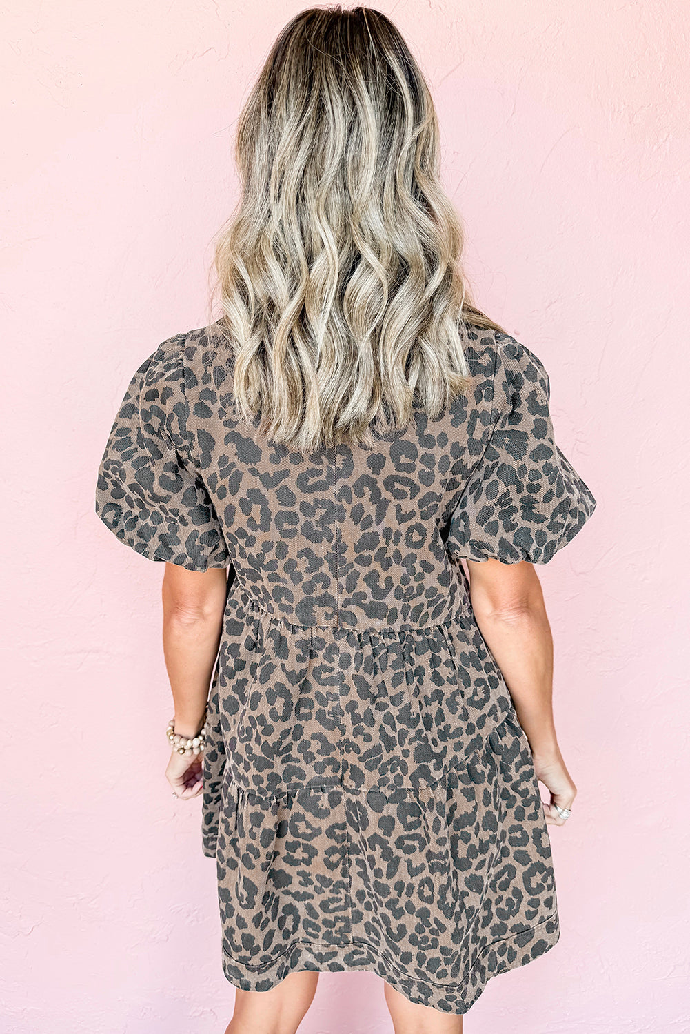 Brown Denim Leopard Printed Short Puff Sleeve Mini Dress-TOPS / DRESSES-[Adult]-[Female]-2022 Online Blue Zone Planet