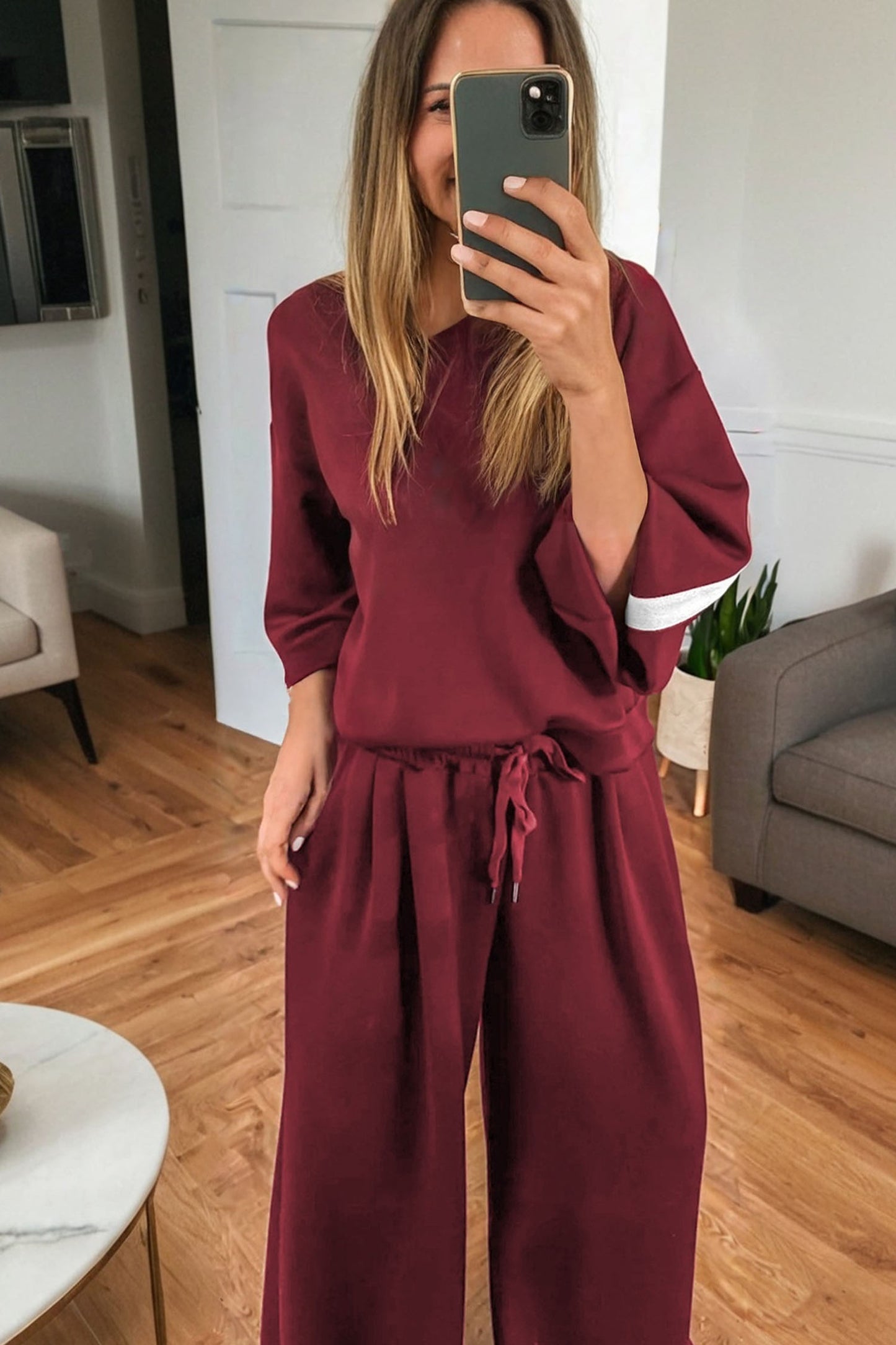 Burgundy Varsity Striped 3/4 Sleeve Pullover Drawstring Sweatpants Set-Two Piece Sets/Pant Sets-[Adult]-[Female]-2022 Online Blue Zone Planet