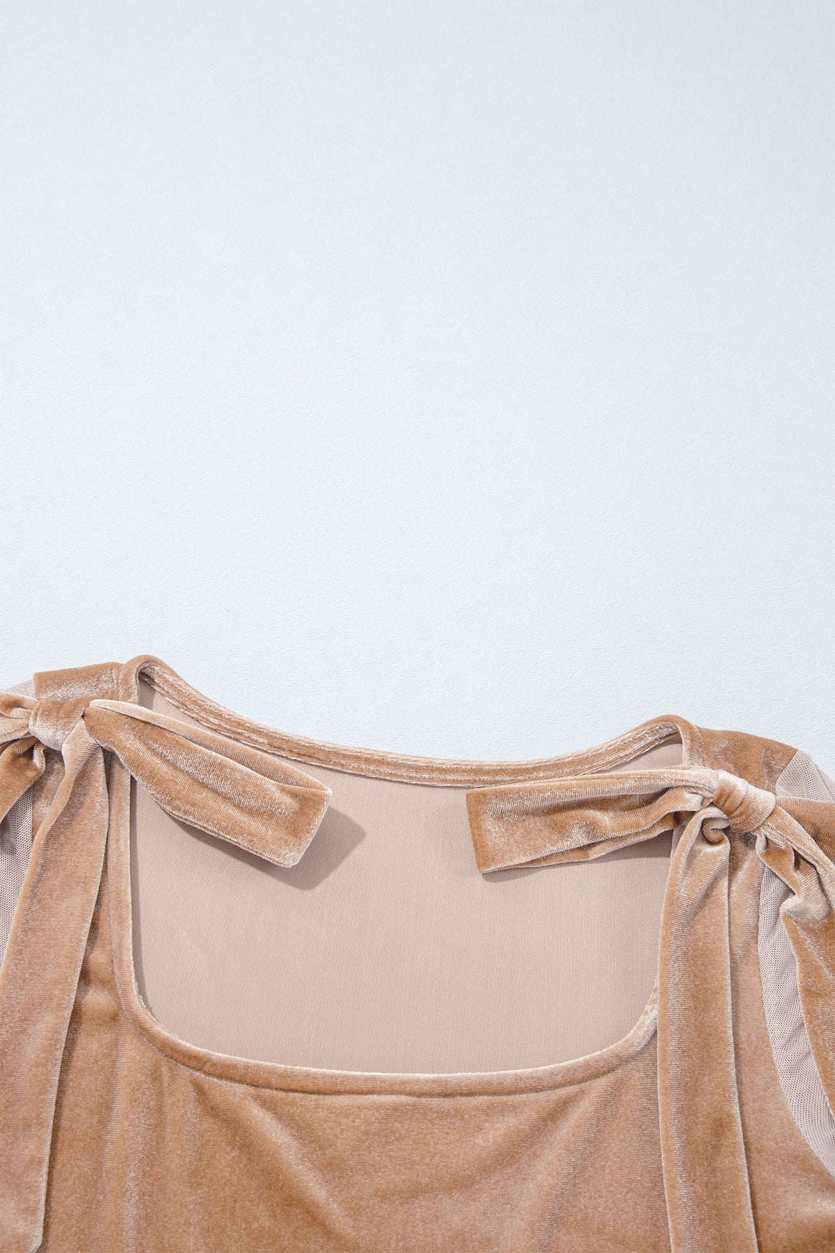 Light French Beige Solid Color Velvet Knot Square Neck Sheer Long Sleeve Bodysuit-Tops/Bodysuits-[Adult]-[Female]-2022 Online Blue Zone Planet
