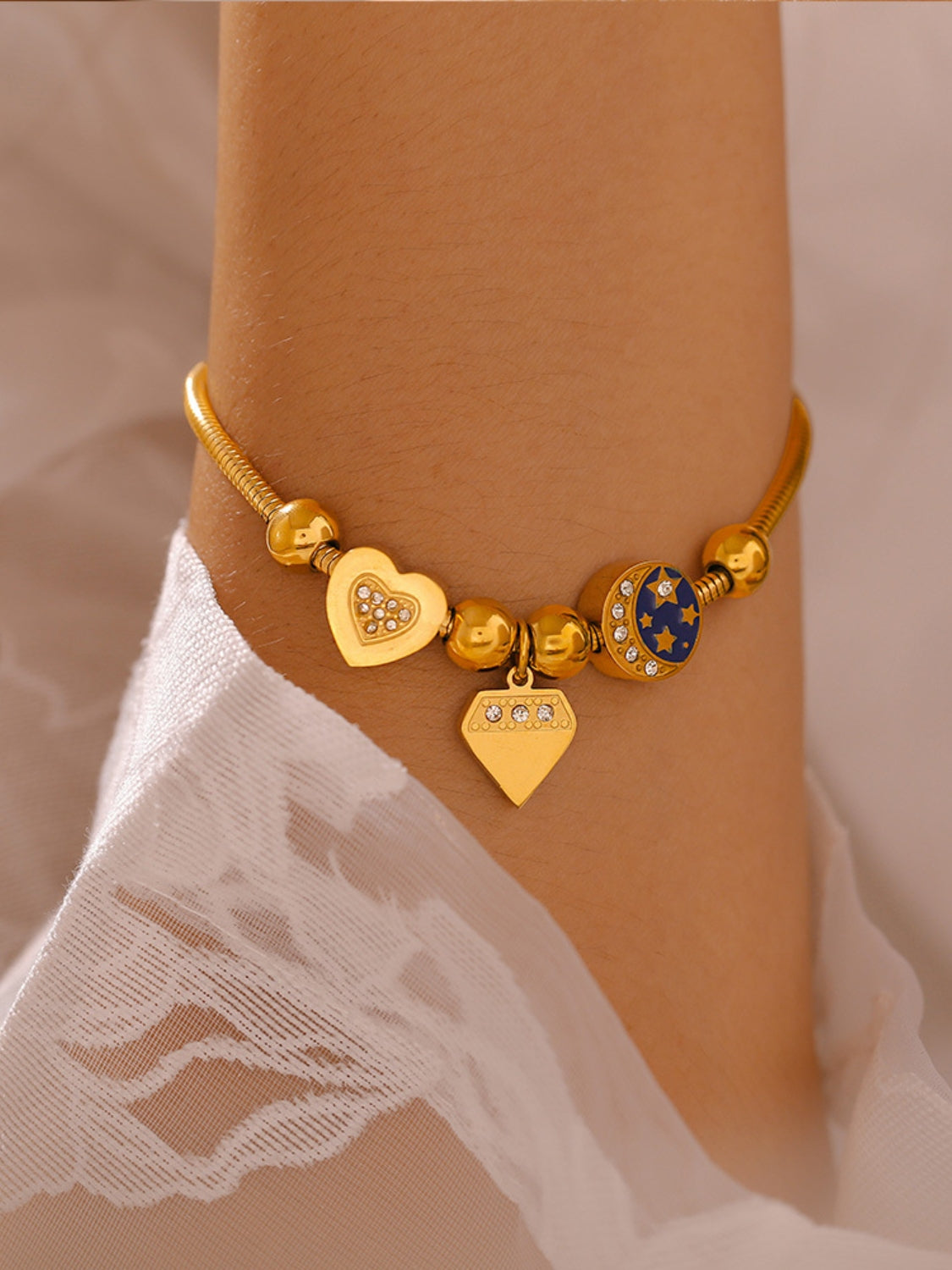 Stainless Steel Rhinestone Charm Bracelet-BRACELETS-[Adult]-[Female]-Gold-One Size-2022 Online Blue Zone Planet