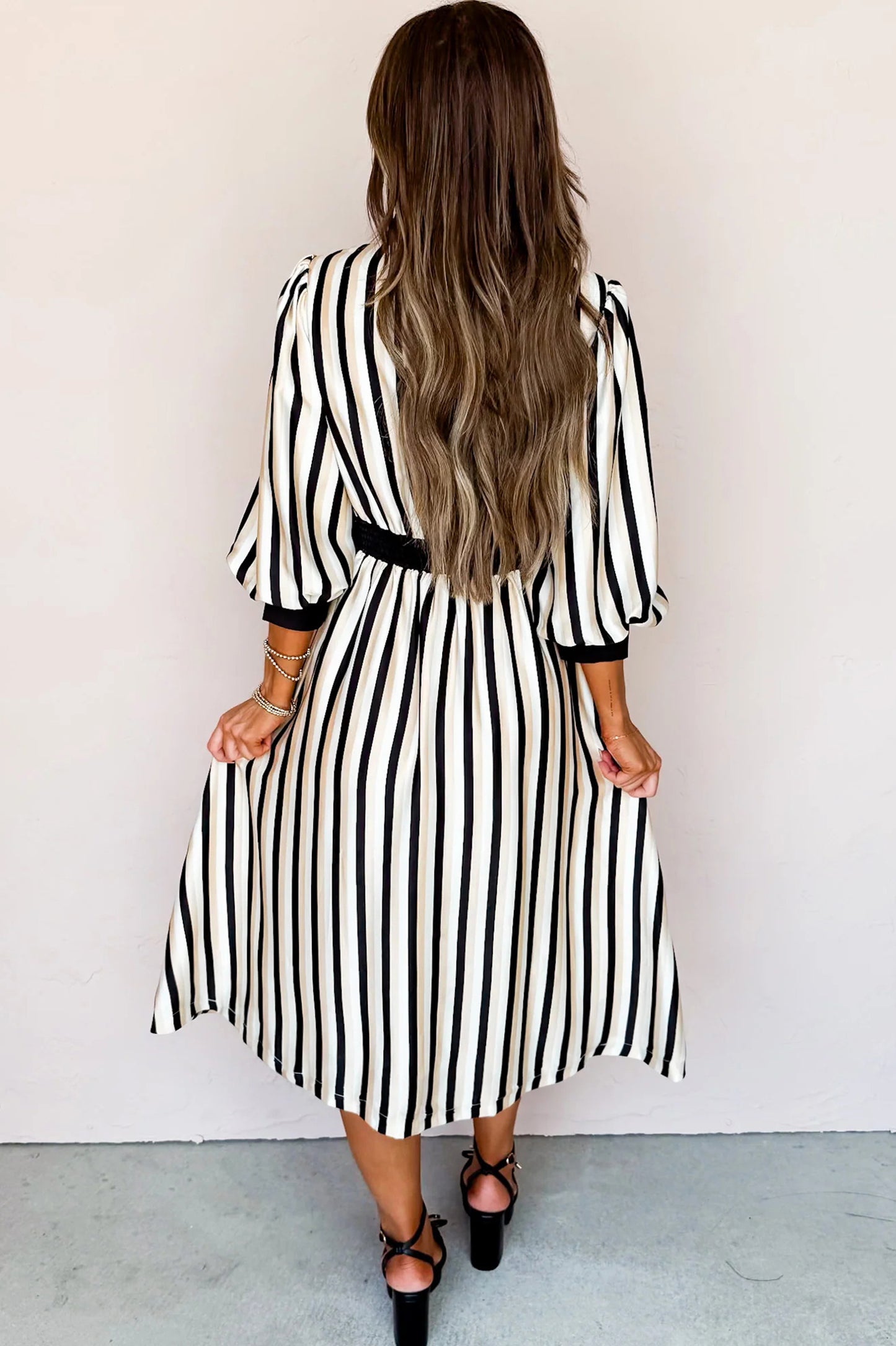 Black Stripe 3/4 Puff Sleeve Shirt Style Button Down Midi Dress-TOPS / DRESSES-[Adult]-[Female]-2022 Online Blue Zone Planet