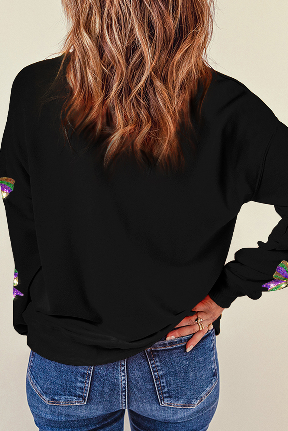 Black Sequin Mardi Gras Bow Graphic Drop Shoulder Pullover Sweatshirt-Graphic/Graphic Sweatshirts-[Adult]-[Female]-2022 Online Blue Zone Planet