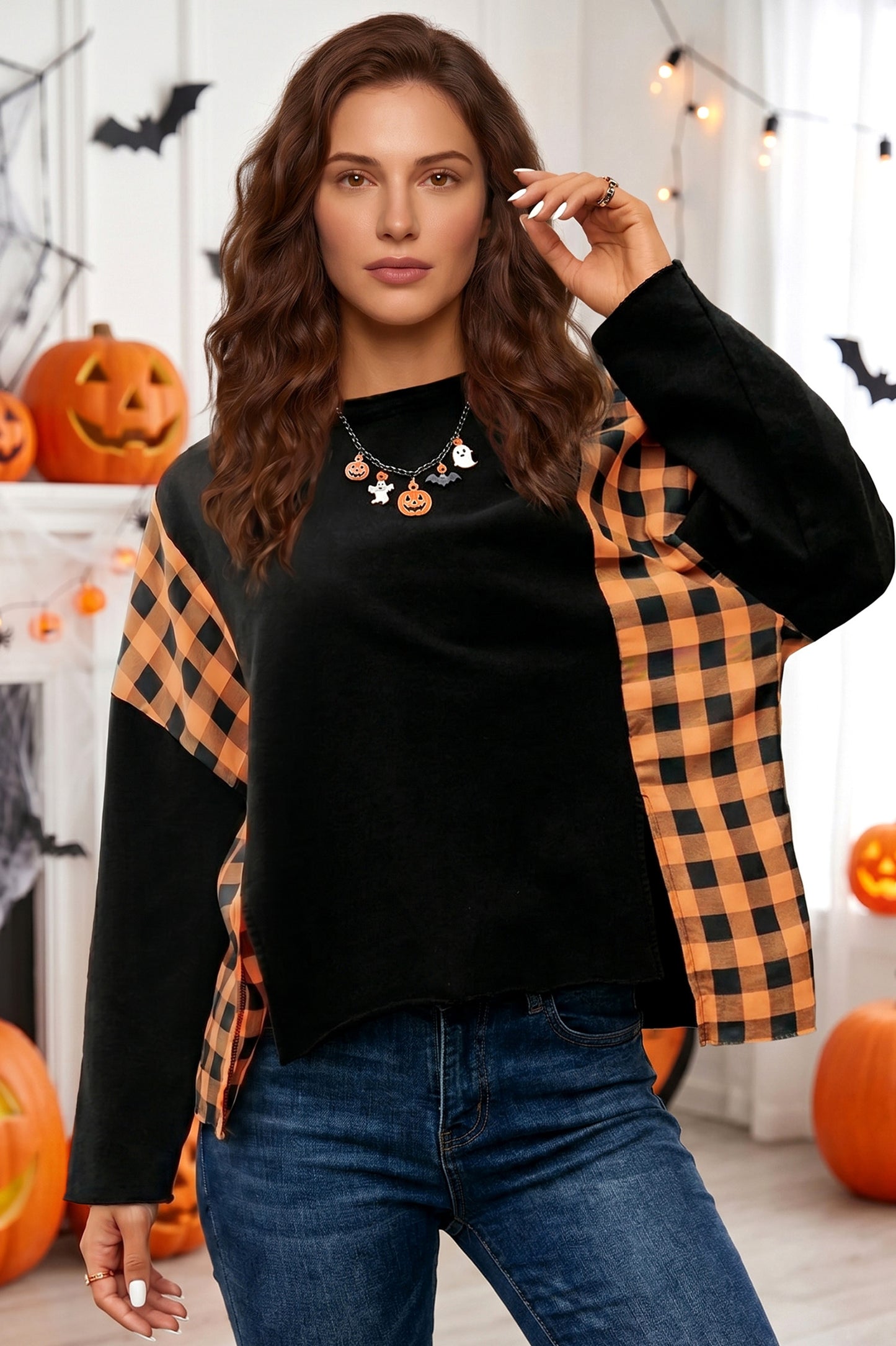 Black Patchwork Plaid Pumpkin Face Long Sleeve Top-Tops/Long Sleeve Tops-[Adult]-[Female]-2022 Online Blue Zone Planet