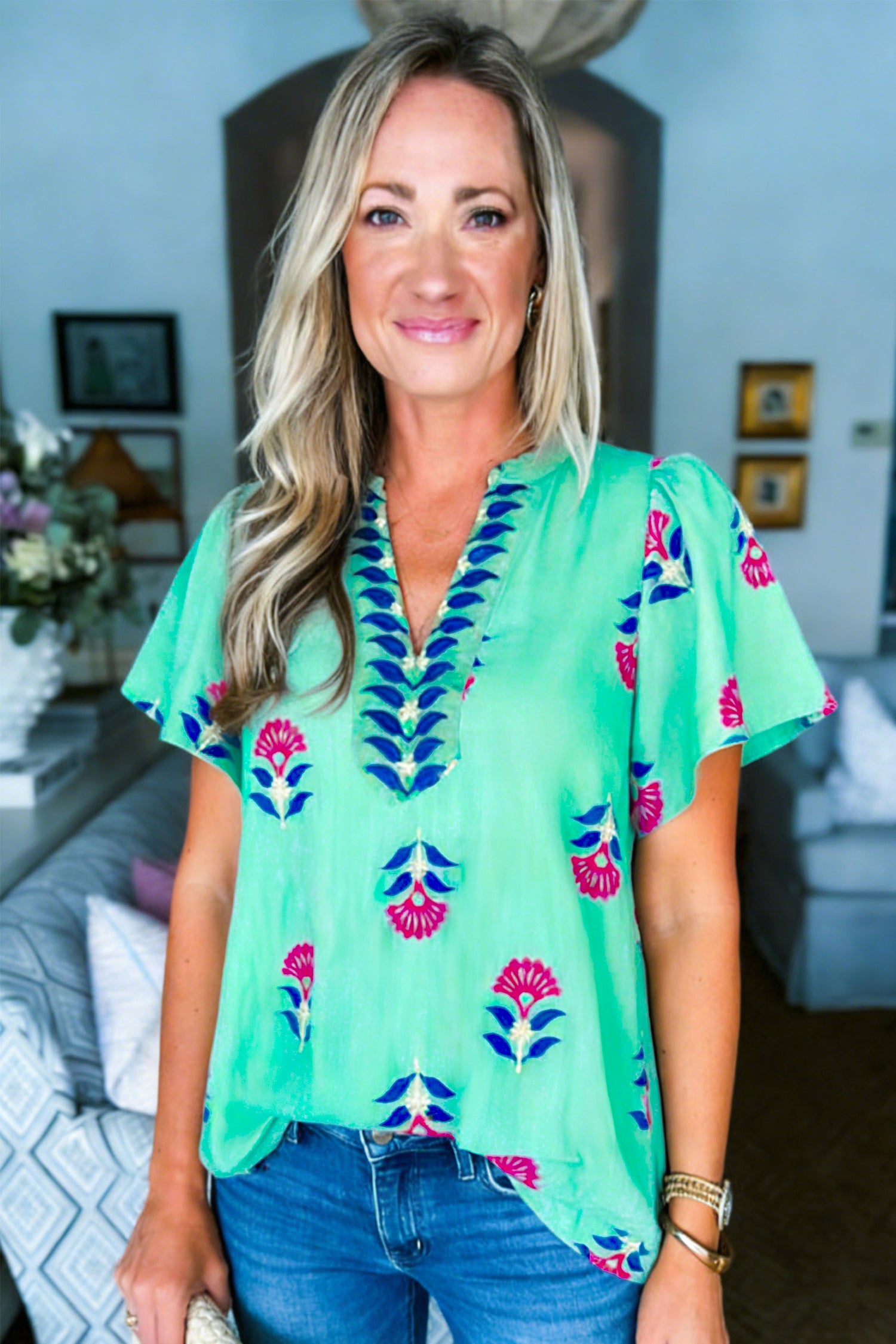 Green Floral V Neck Flutter Sleeve Blouse-Tops/Blouses & Shirts-[Adult]-[Female]-2022 Online Blue Zone Planet