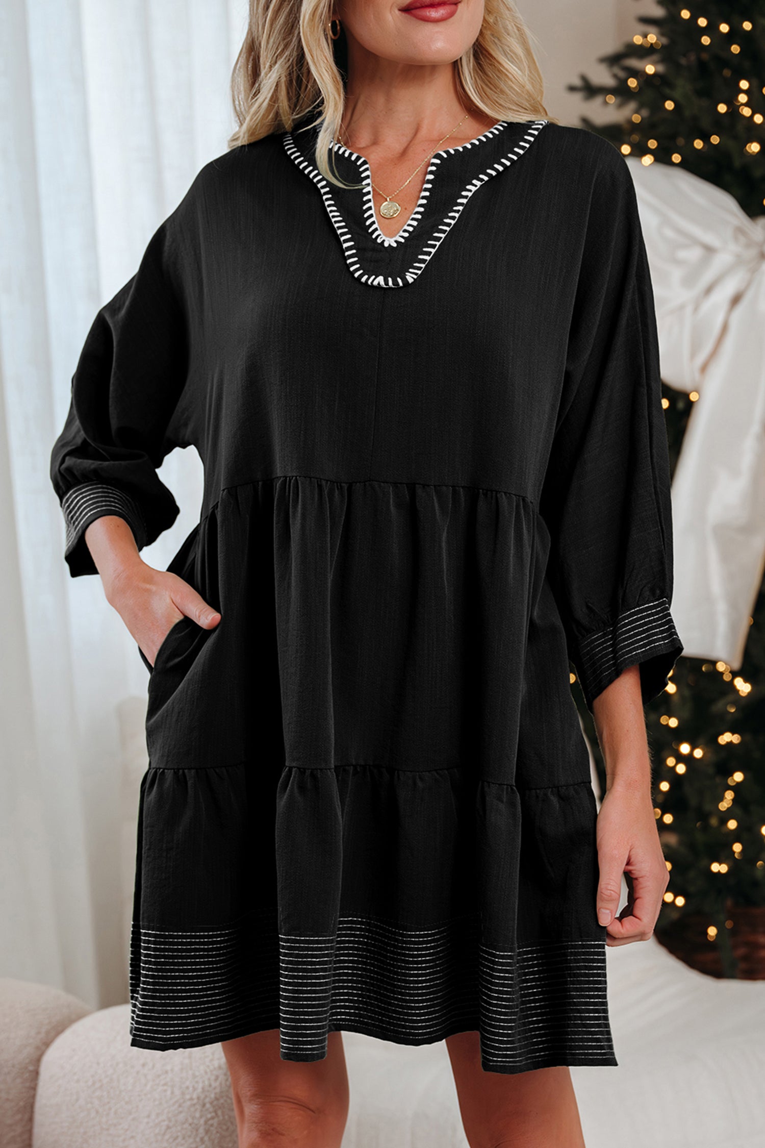 Black Contrast Stitched V Neck 3/4 Sleeve Tiered Mini Dress-Dresses/Mini Dresses-[Adult]-[Female]-2022 Online Blue Zone Planet