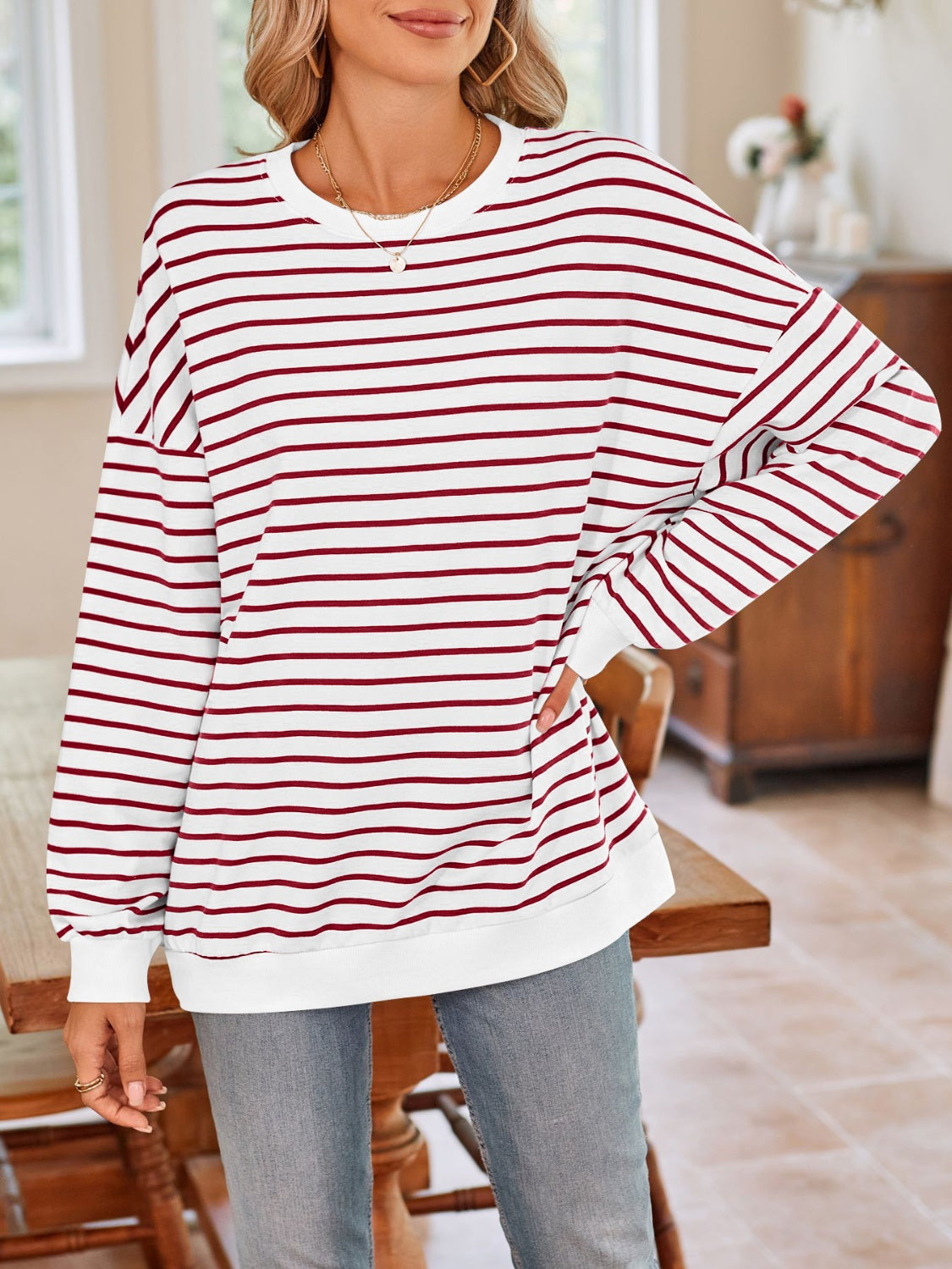 Blue Zone Planet | Lovelet Striped Round Neck Long Sleeve Sweatshirt-TOPS / DRESSES-[Adult]-[Female]-Deep Red-S-2022 Online Blue Zone Planet