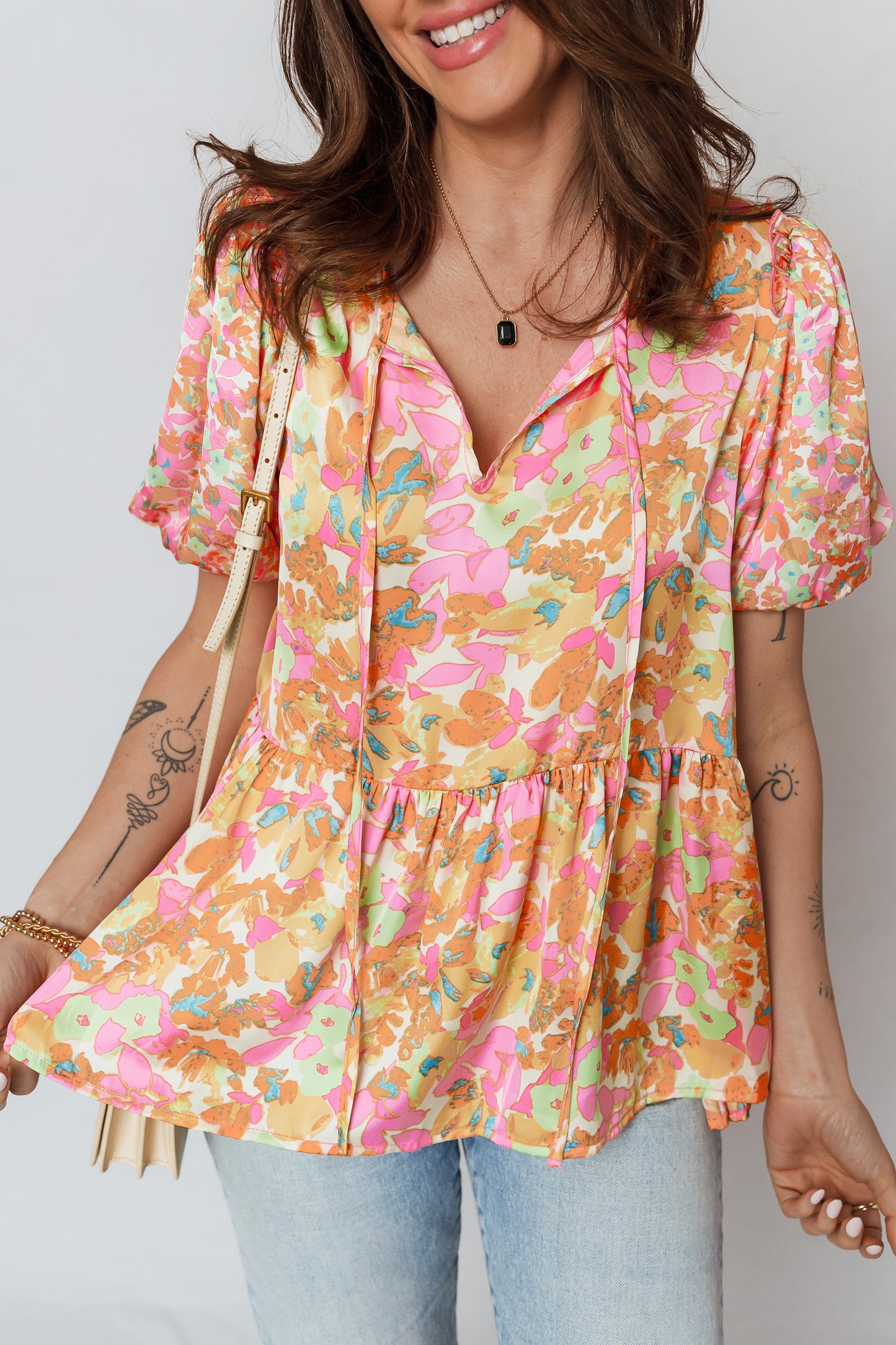 Orange Split V Neck Short Sleeve Flower Blouse-Tops/Blouses & Shirts-[Adult]-[Female]-2022 Online Blue Zone Planet