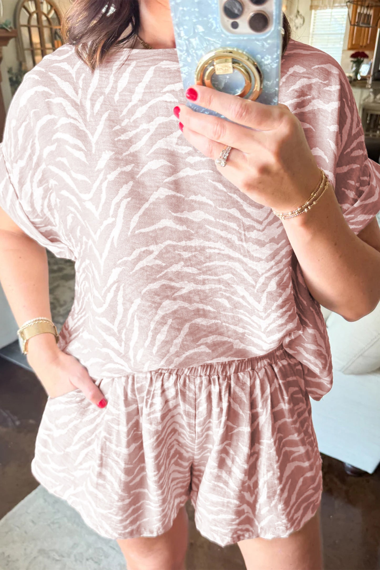 Khaki Abstract Print Cuffed Short Sleeve Loose Top Short Set-Two Piece Sets/Short Sets-[Adult]-[Female]-2022 Online Blue Zone Planet