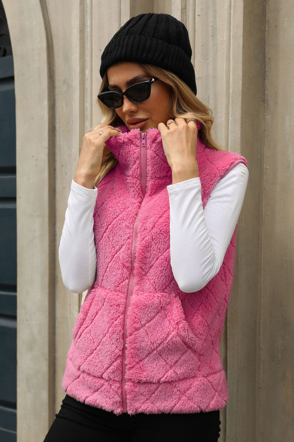 Blue Zone Planet | Fuzzy Plaid Texture Zip Up Vest Coat-TOPS / DRESSES-[Adult]-[Female]-Hot Pink-S-2022 Online Blue Zone Planet