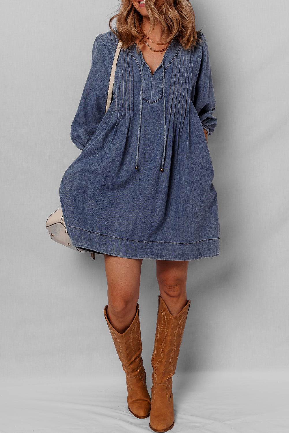 Sail Blue 3/4 Sleeve Tied V Neck Pleated Denim Mini Dress-TOPS / DRESSES-[Adult]-[Female]-2022 Online Blue Zone Planet