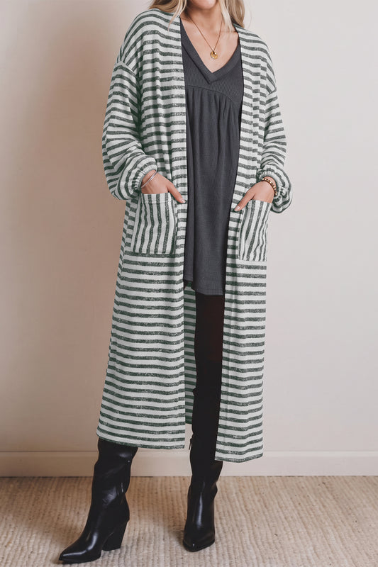 Khaki Stripe Long Puff Sleeve Open Front Oversized Long Cardigan-Sweaters & Cardigans/Cardigans-[Adult]-[Female]-Khaki Stripe-S-2022 Online Blue Zone Planet