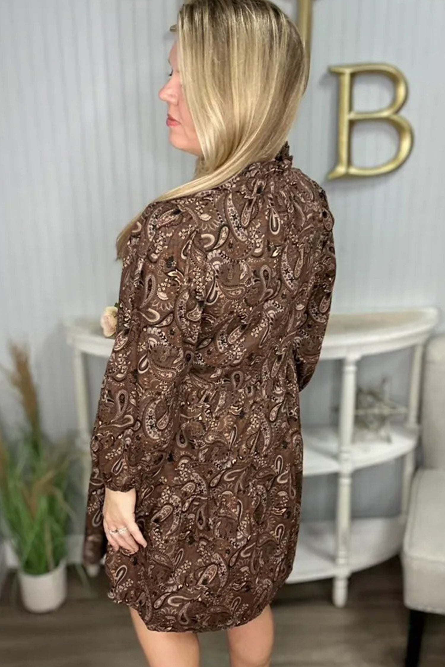 Brown Paisley Print Half Buttons Puff Sleeve Flowy Short Dress-TOPS / DRESSES-[Adult]-[Female]-2022 Online Blue Zone Planet