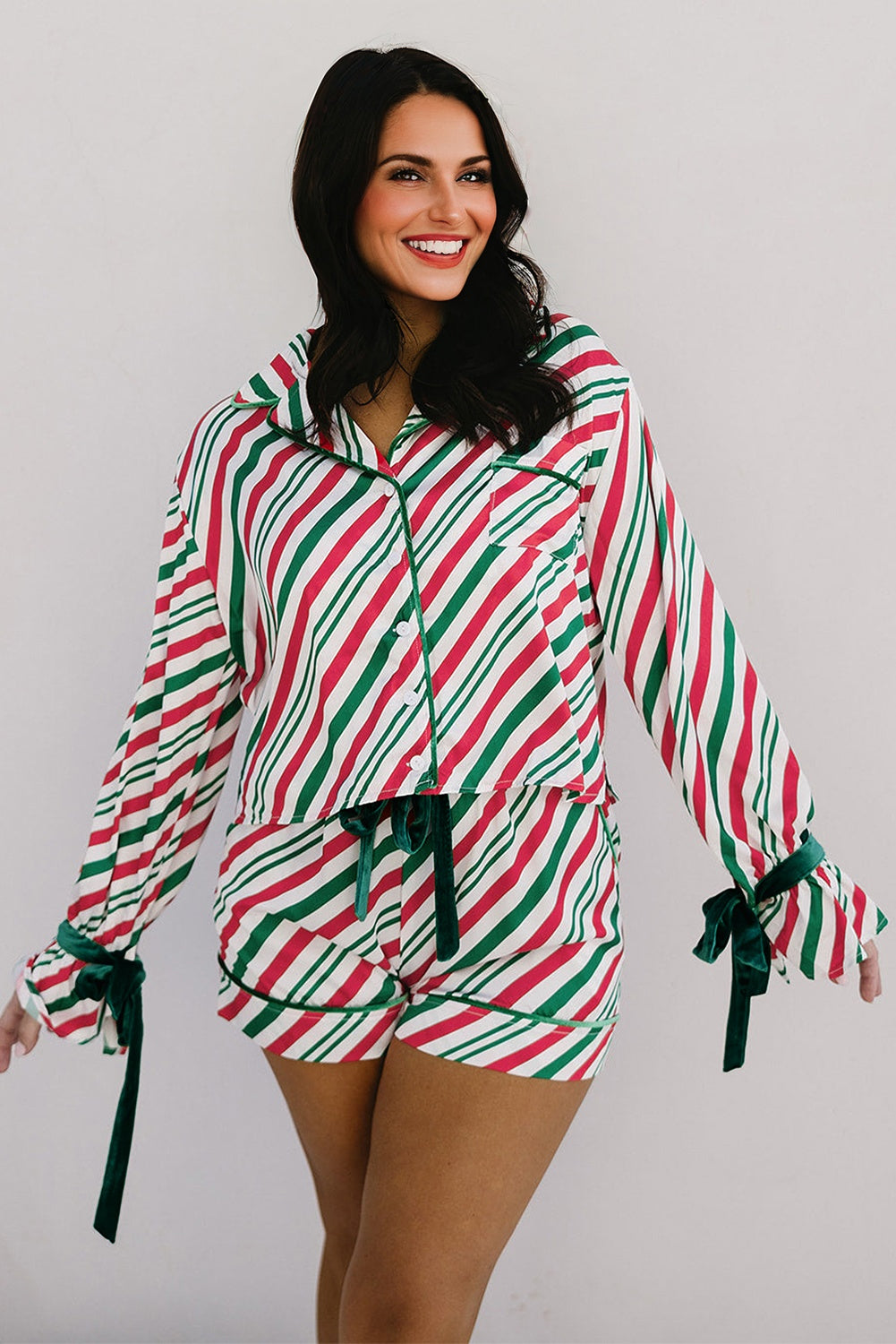 Green Striped Piping Trim Velvet Ribbon Knot Christmas Pajama Set-Loungewear Set-[Adult]-[Female]-2022 Online Blue Zone Planet