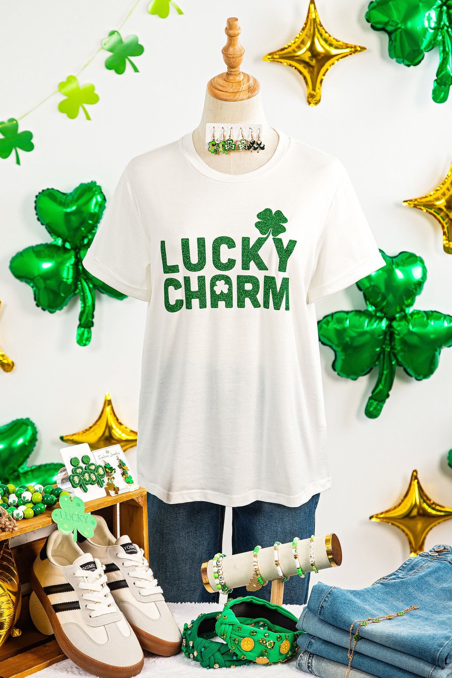 White Lucky Charm Shimmery Print St Patricks Day Clover T Shirt-Graphic/Graphic Tees-[Adult]-[Female]-2022 Online Blue Zone Planet