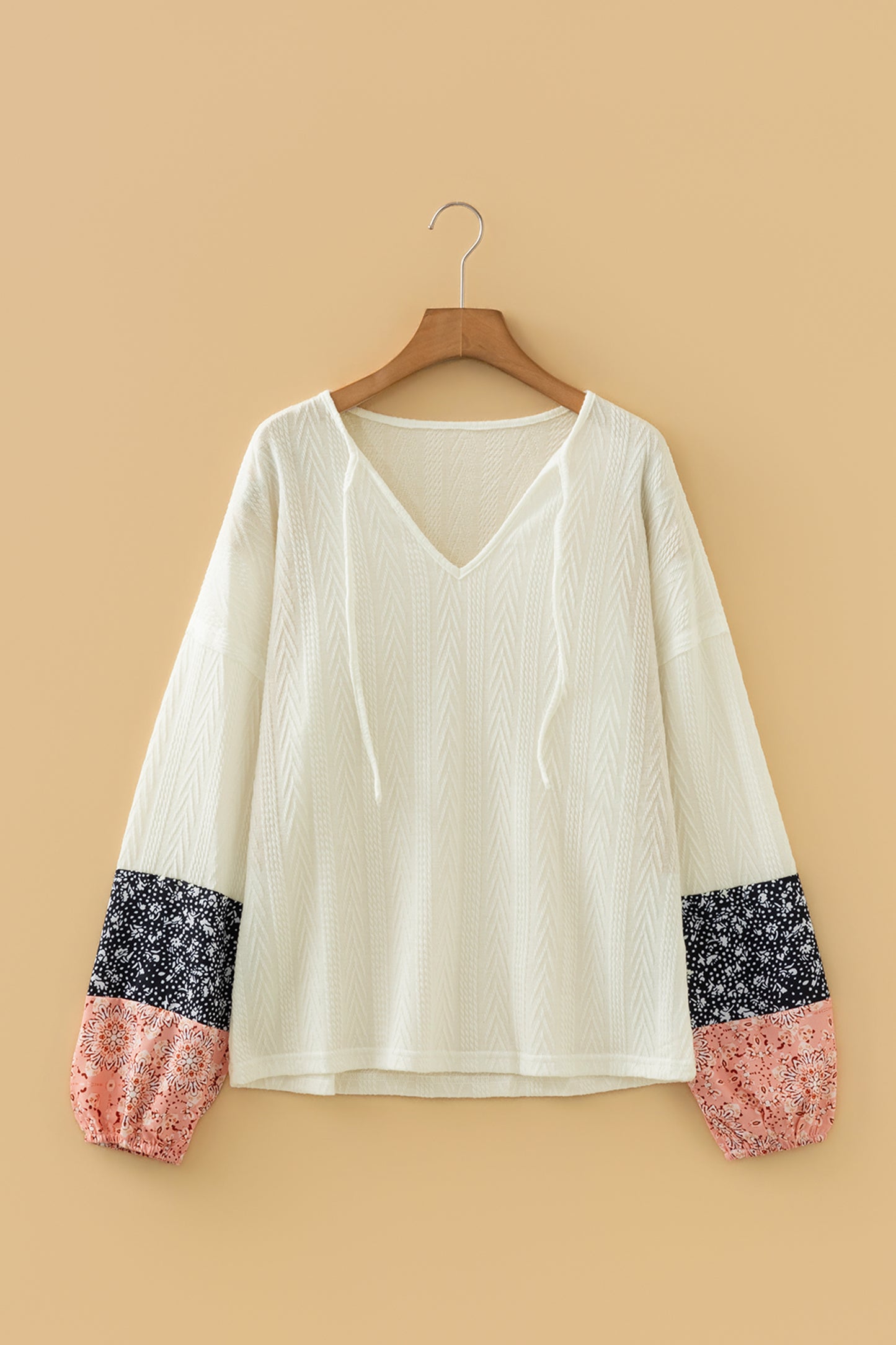 White Floral Patchwork Textured Knit Drawstring V Neck Blouse-Tops/Blouses & Shirts-[Adult]-[Female]-2022 Online Blue Zone Planet