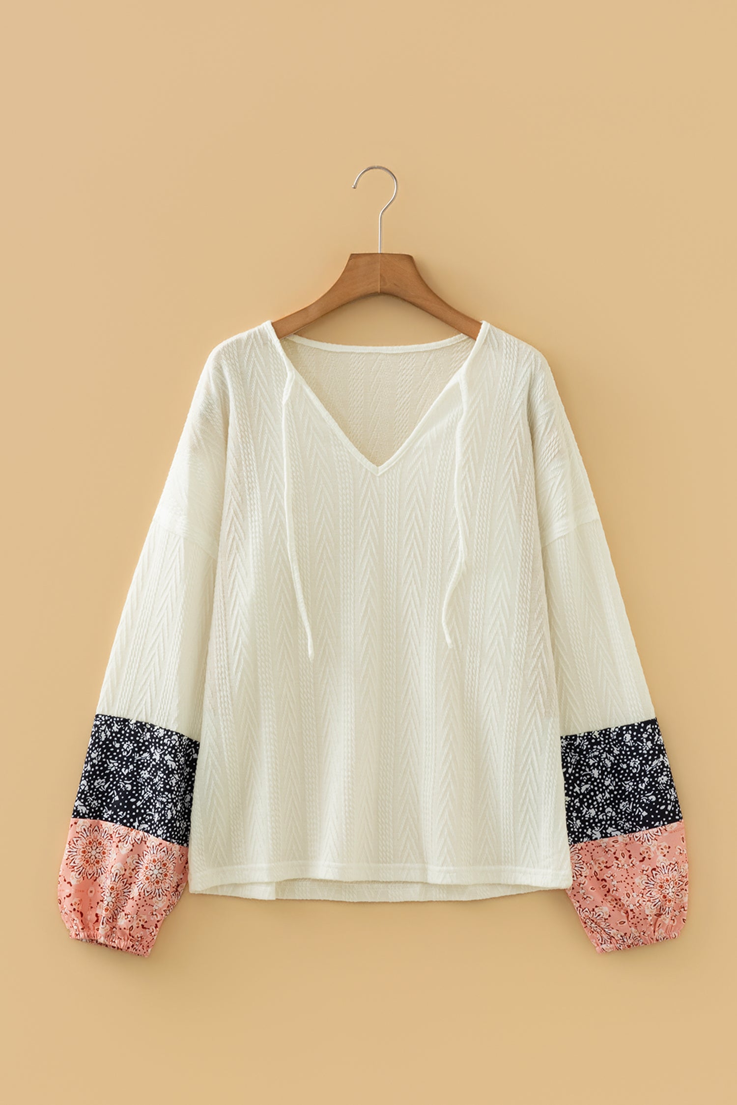 White Floral Patchwork Textured Knit Drawstring V Neck Blouse-Tops/Blouses & Shirts-[Adult]-[Female]-2022 Online Blue Zone Planet