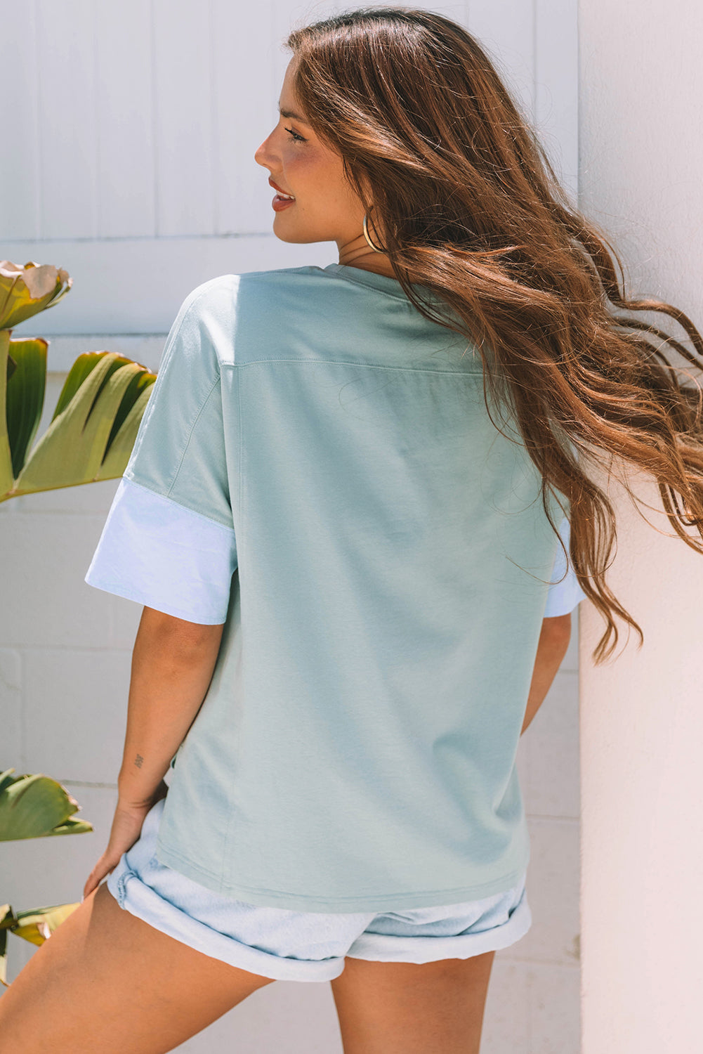 Smoke Green Frayed Denim Star Patched Oversize T Shirt-Tops/Tops & Tees-[Adult]-[Female]-2022 Online Blue Zone Planet