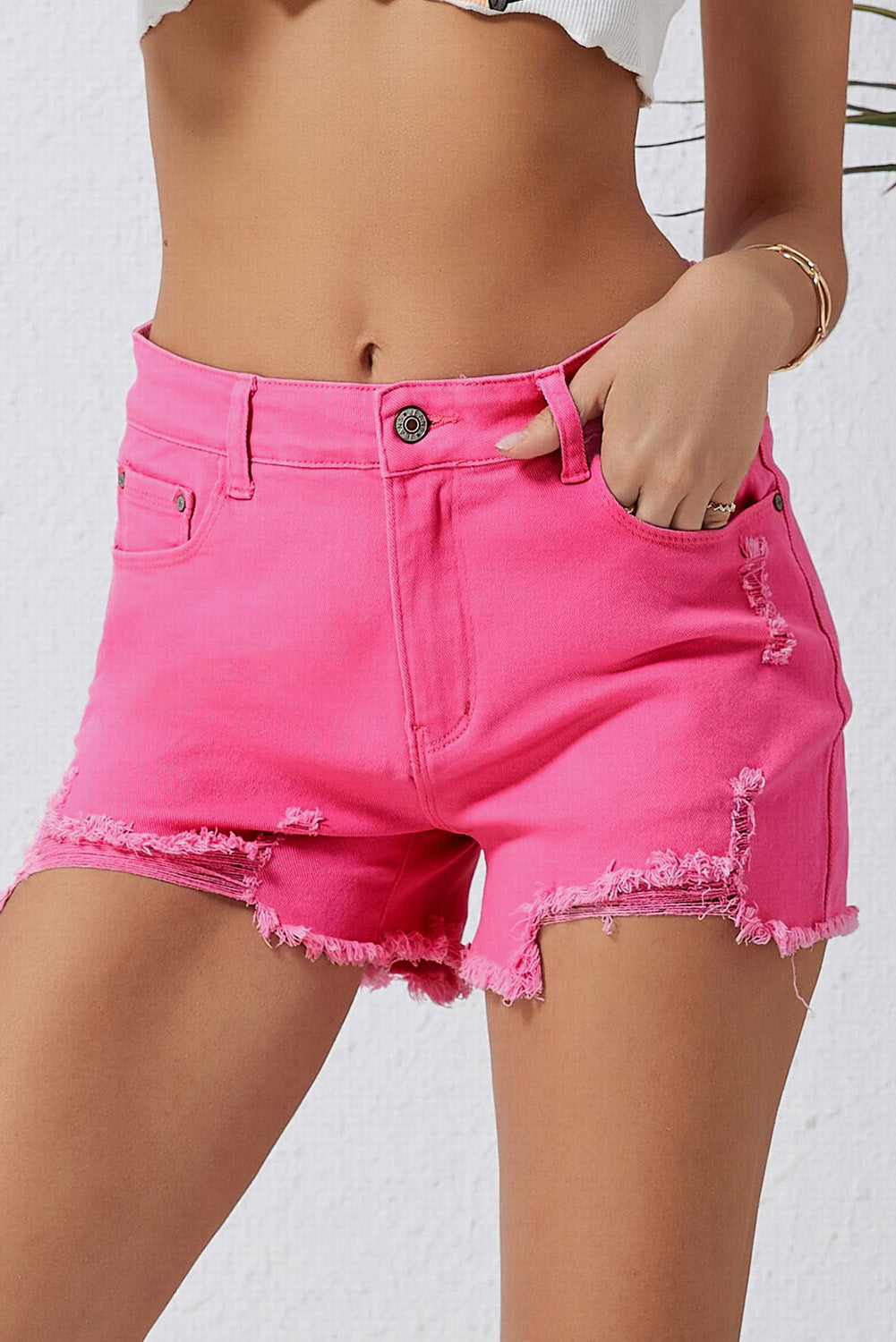 Rose Distressed Slim Fit High Waist Denim Shorts-Sale (50% OFF)/30% OFF-[Adult]-[Female]-Rose-6-2022 Online Blue Zone Planet