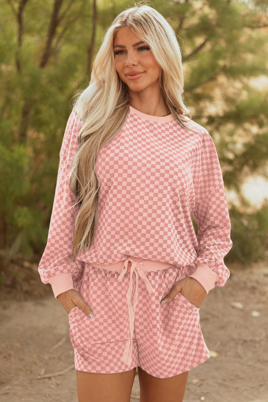 Pink Checkerboard Long Sleeve Pullover and Shorts Set-Two Piece Sets/Short Sets-[Adult]-[Female]-2022 Online Blue Zone Planet