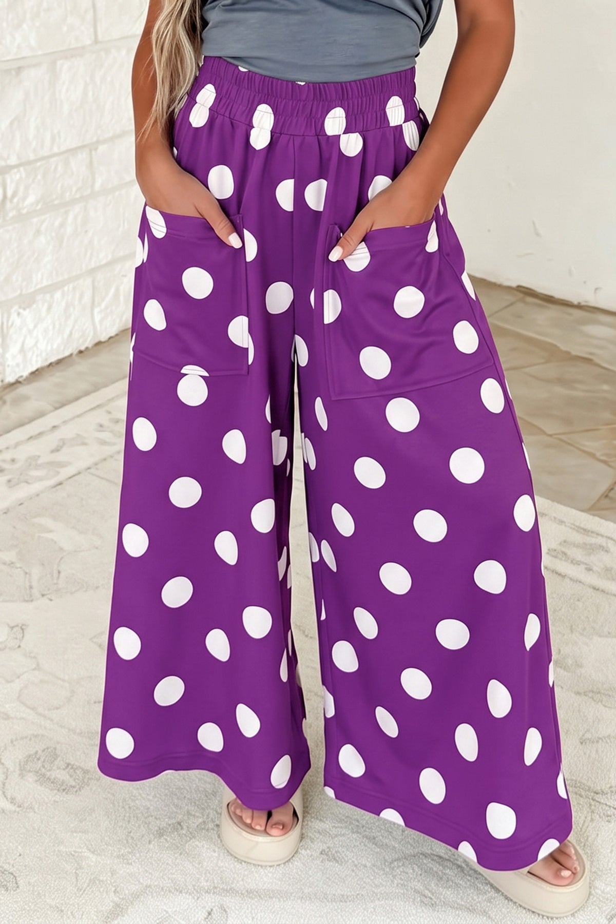 Purple Polka Dot Wide Leg Elastic Waist Casual Pants-Bottoms/Pants & Culotte-[Adult]-[Female]-2022 Online Blue Zone Planet