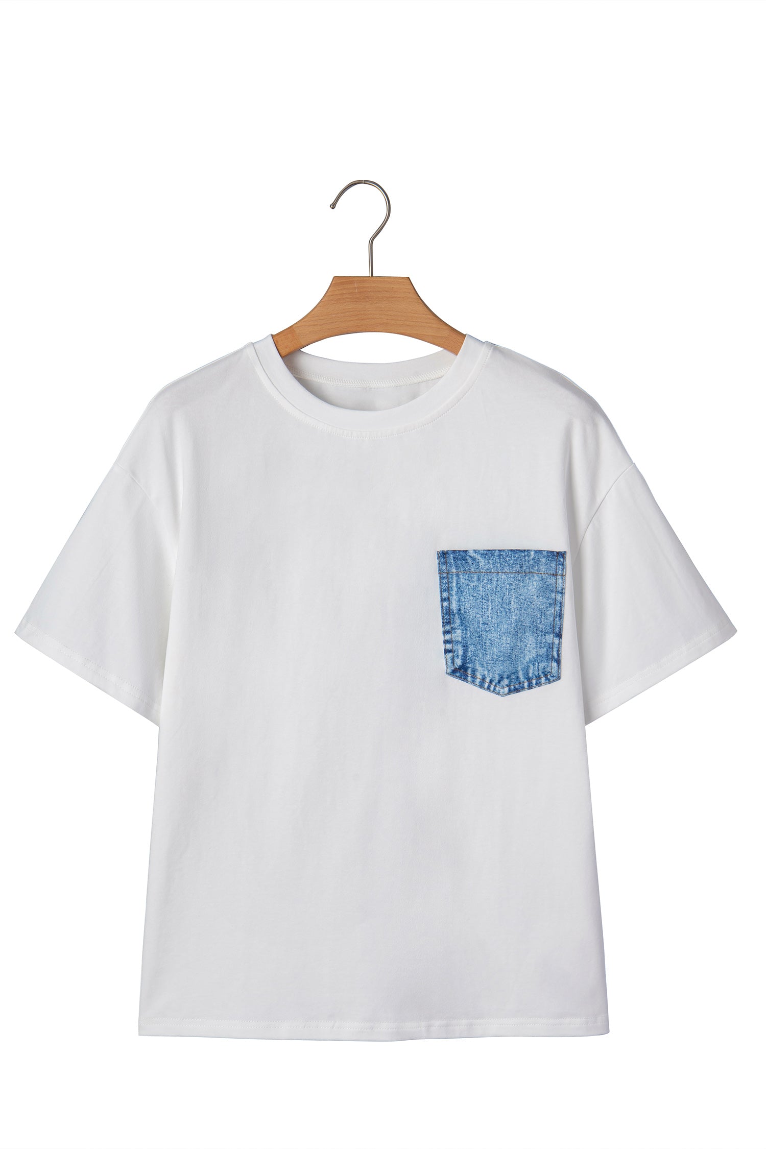 Sail Blue Color Block Chest Pocket Patched Casual Short Sleeve Top-Tops/Tops & Tees-[Adult]-[Female]-2022 Online Blue Zone Planet