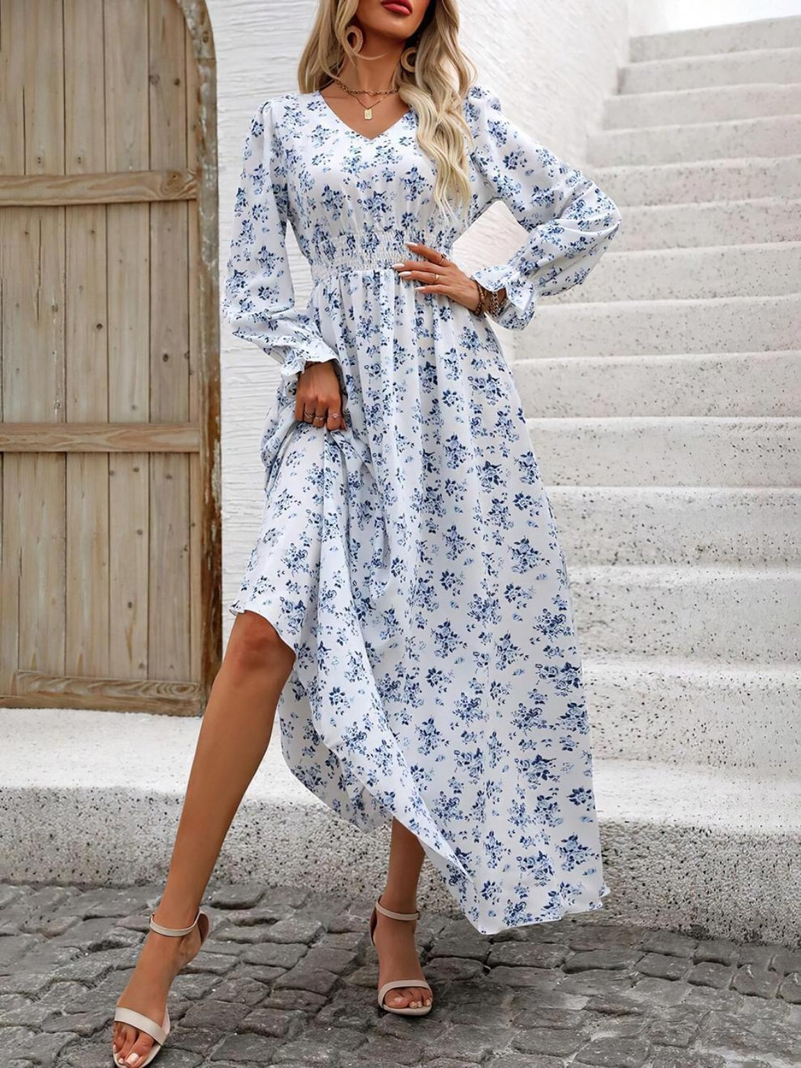 Smocked Printed V-Neck Flounce Sleeve Dress-TOPS / DRESSES-[Adult]-[Female]-2022 Online Blue Zone Planet