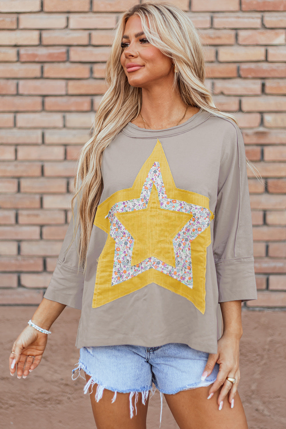 Star Applique Round Neck T-Shirt-TOPS / DRESSES-[Adult]-[Female]-2022 Online Blue Zone Planet