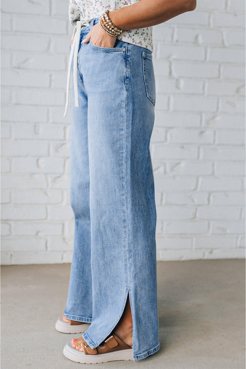 Myosotis Slit Leg High Rise Drawstring Casual Jeans-Bottoms/Jeans-[Adult]-[Female]-2022 Online Blue Zone Planet