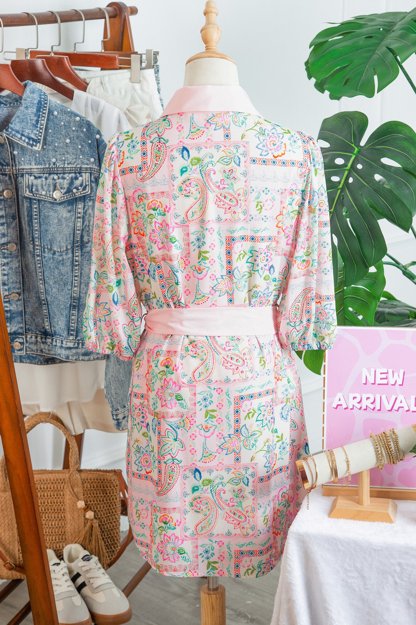 Pink Boho Floral Print Color Block Trim Half Button Belted Mini Dress-TOPS / DRESSES-[Adult]-[Female]-2022 Online Blue Zone Planet