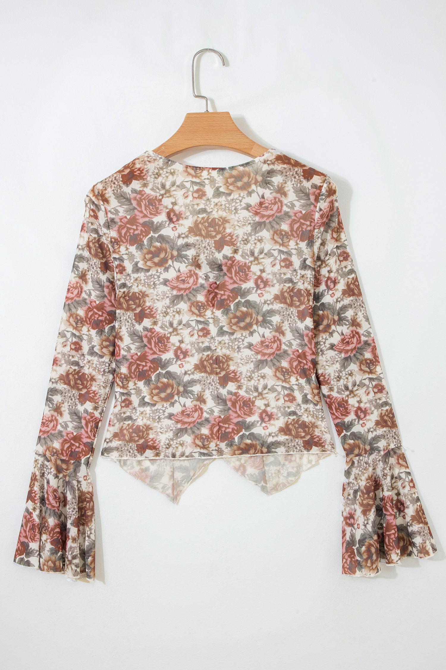 Red Floral Print Stitched Detail Tie V Neck Long Bell Sleeve Blouse-Tops/Blouses & Shirts-[Adult]-[Female]-2022 Online Blue Zone Planet