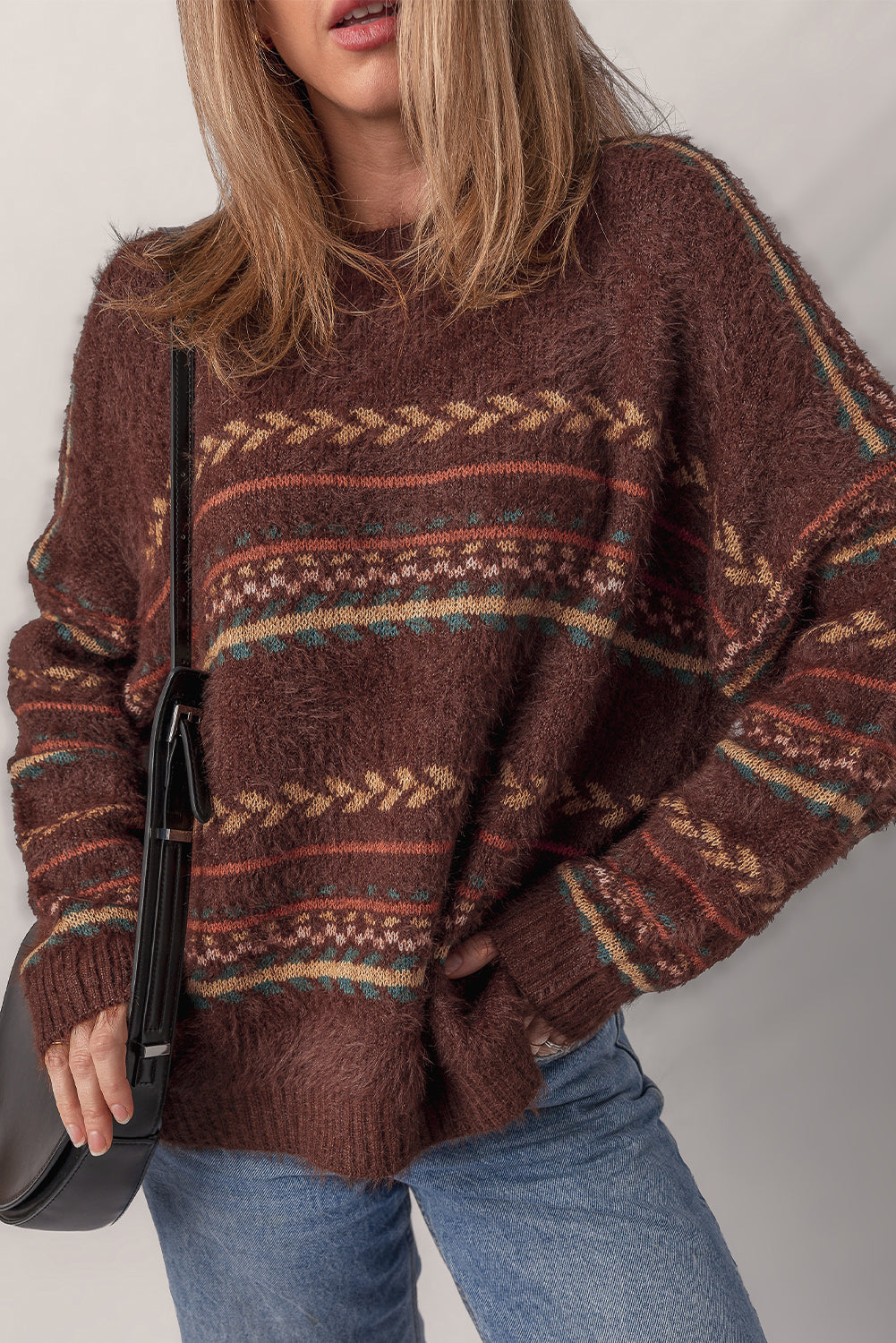 Brown Ethnic Pattern Mohair Knitted Drop Shoulder Sweater-TOPS / DRESSES-[Adult]-[Female]-2022 Online Blue Zone Planet