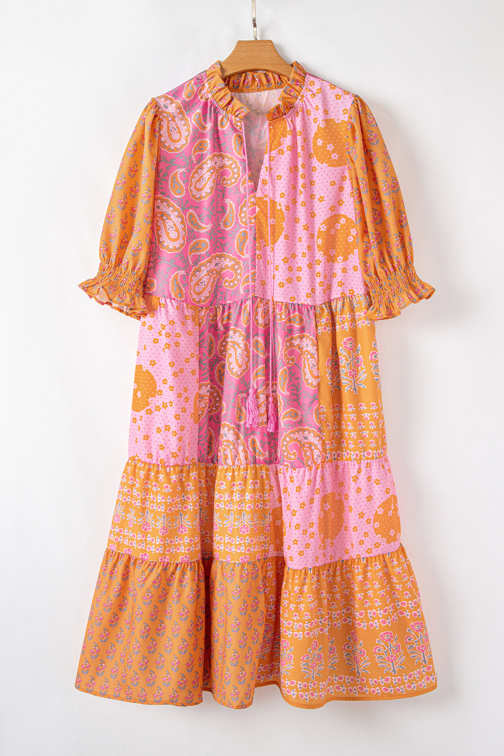 Pink Boho Paisley Floral Mixed Patchwork Tassel Tie Plus Size Midi Dress-Plus Size/Plus Size Dresses/Plus Size Maxi Dresses-[Adult]-[Female]-2022 Online Blue Zone Planet