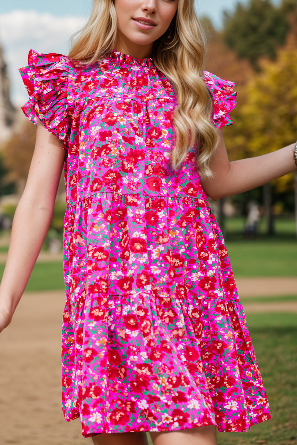 Ruffled Printed Cap Sleeve Mini Dress-TOPS / DRESSES-[Adult]-[Female]-Hot Pink-S-2022 Online Blue Zone Planet