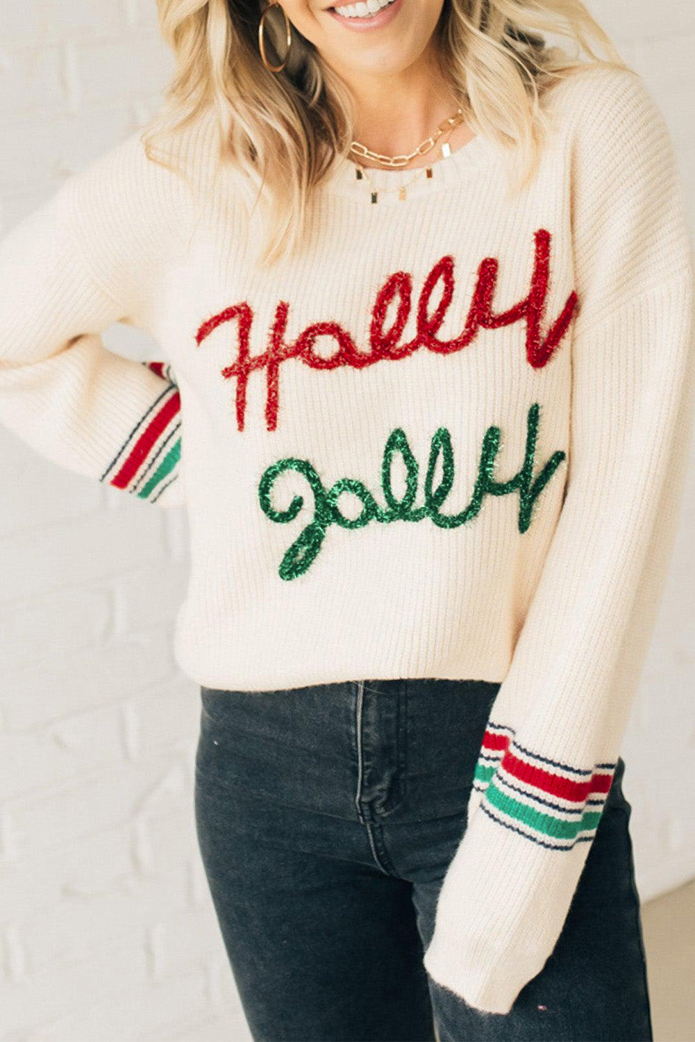 Beige Tinsel Holly Jolly Graphic Classic Sweater-Sweaters & Cardigans/Sweaters-[Adult]-[Female]-Beige-S-2022 Online Blue Zone Planet