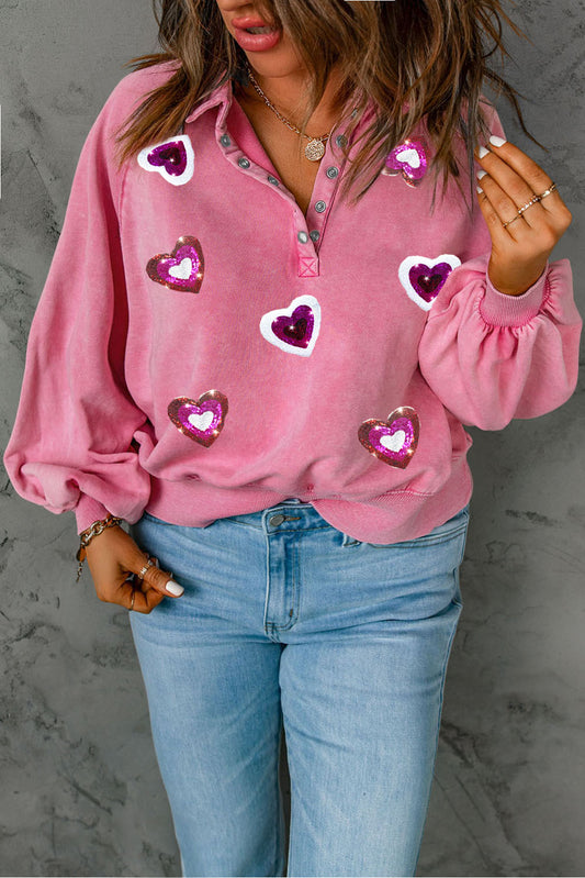 Pink Heart Patched Pattern Lantern Sleeve Snap Button Collar Plus Size Sweatshirt-Graphic Sweatshirts-[Adult]-[Female]-Pink-1XL-2022 Online Blue Zone Planet