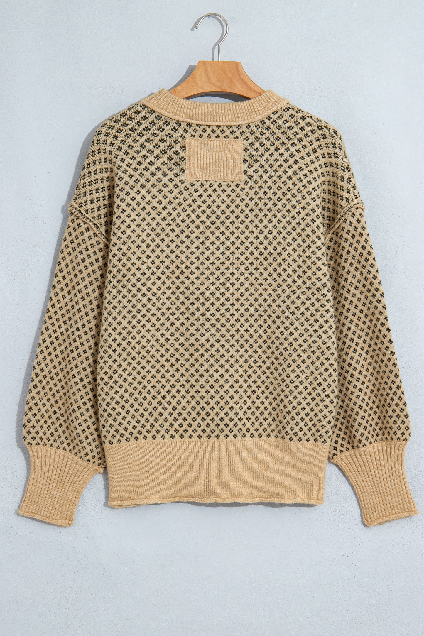 Khaki Geometric Print Drop Shoulder Round Neck Long Sleeve Sweater-TOPS / DRESSES-[Adult]-[Female]-2022 Online Blue Zone Planet