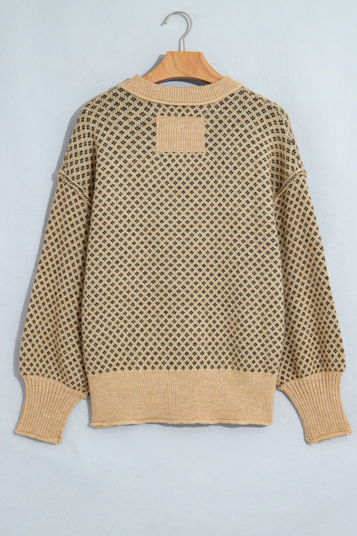 Khaki Geometric Print Drop Shoulder Round Neck Long Sleeve Sweater-TOPS / DRESSES-[Adult]-[Female]-2022 Online Blue Zone Planet