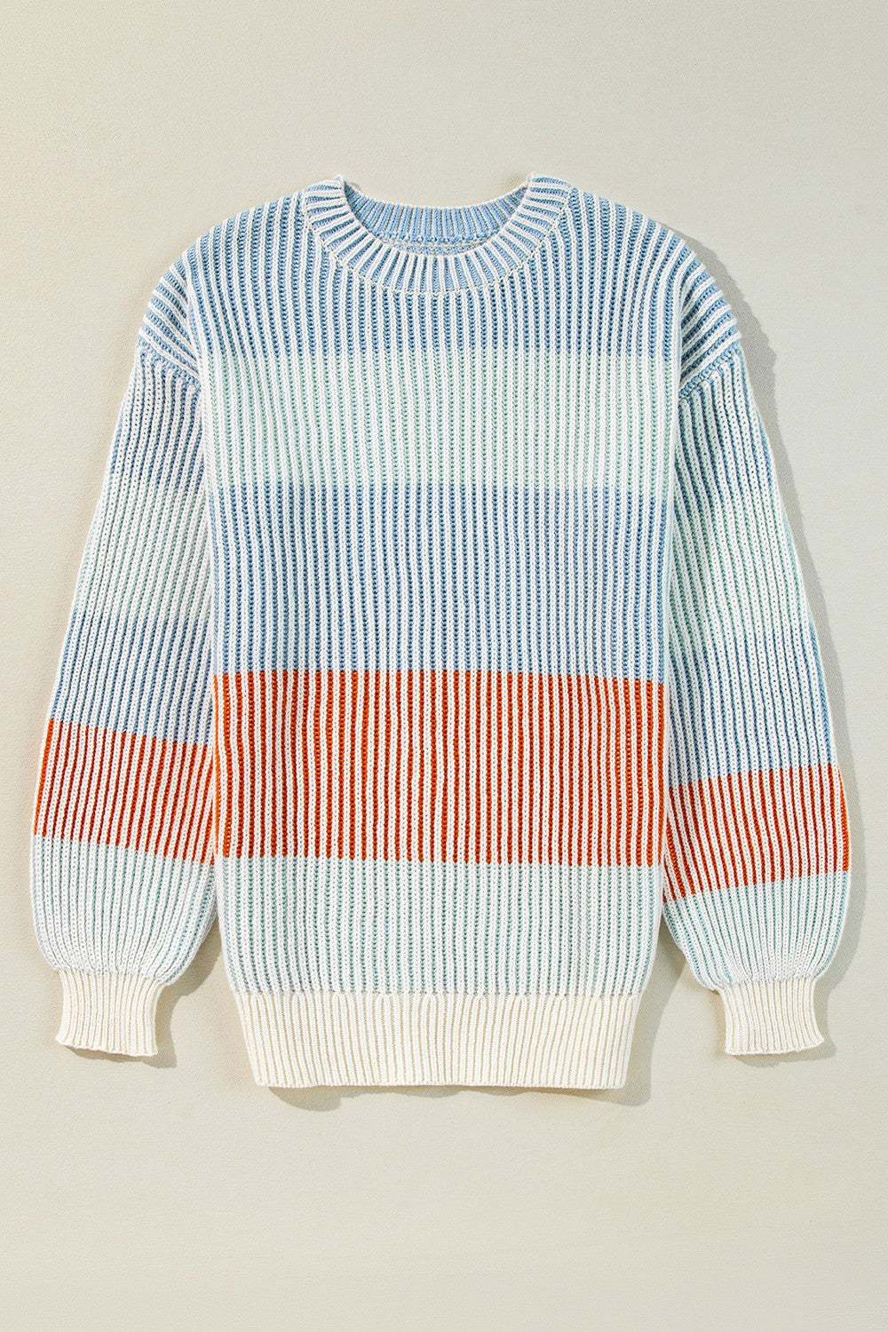 Striped Color Block Round Neck Long Sleeve Sweater-TOPS / DRESSES-[Adult]-[Female]-Dusty Blue-S-2022 Online Blue Zone Planet