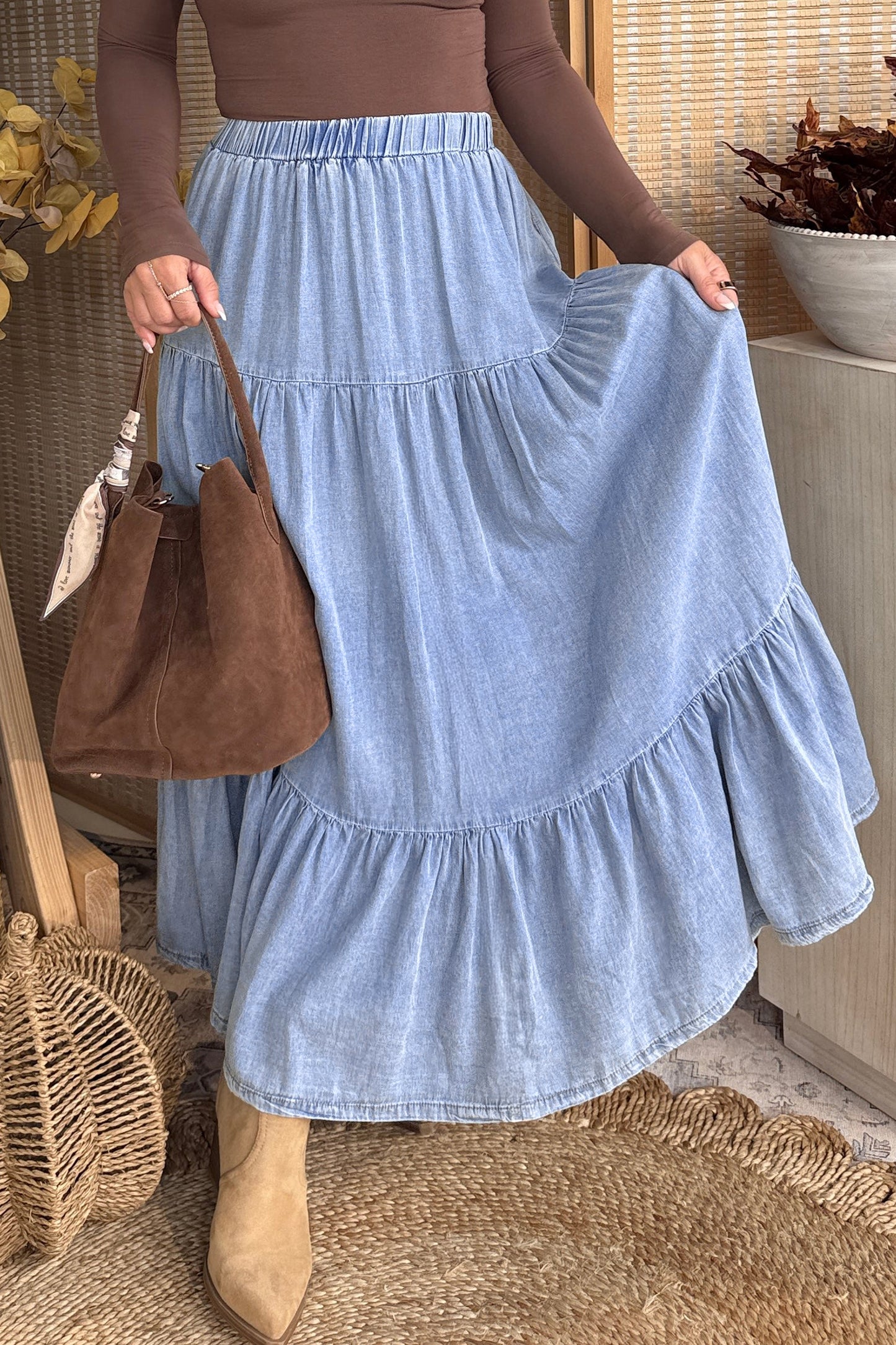 Beau Blue Elastic Waist Ruffled Tiered Flared Denim Maxi Skirt-Bottoms/Skirts & Petticoat-[Adult]-[Female]-2022 Online Blue Zone Planet