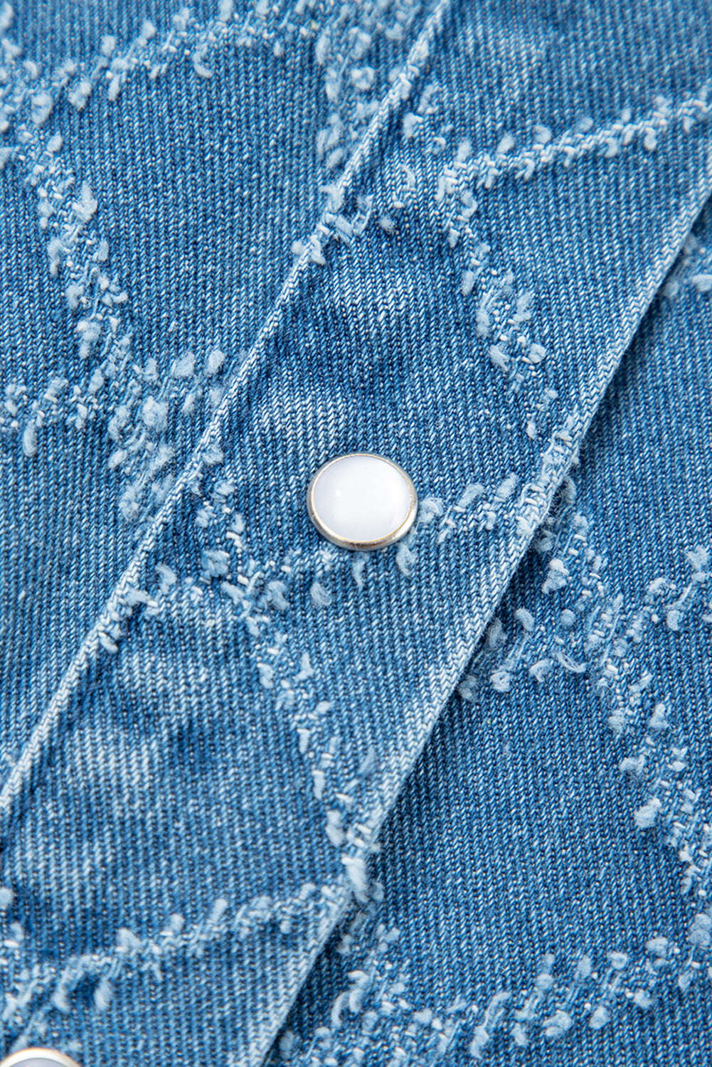 Dusk Blue Checkered Textured Short Sleeve Patched Pocket Denim Shirt-Tops/Blouses & Shirts-[Adult]-[Female]-2022 Online Blue Zone Planet