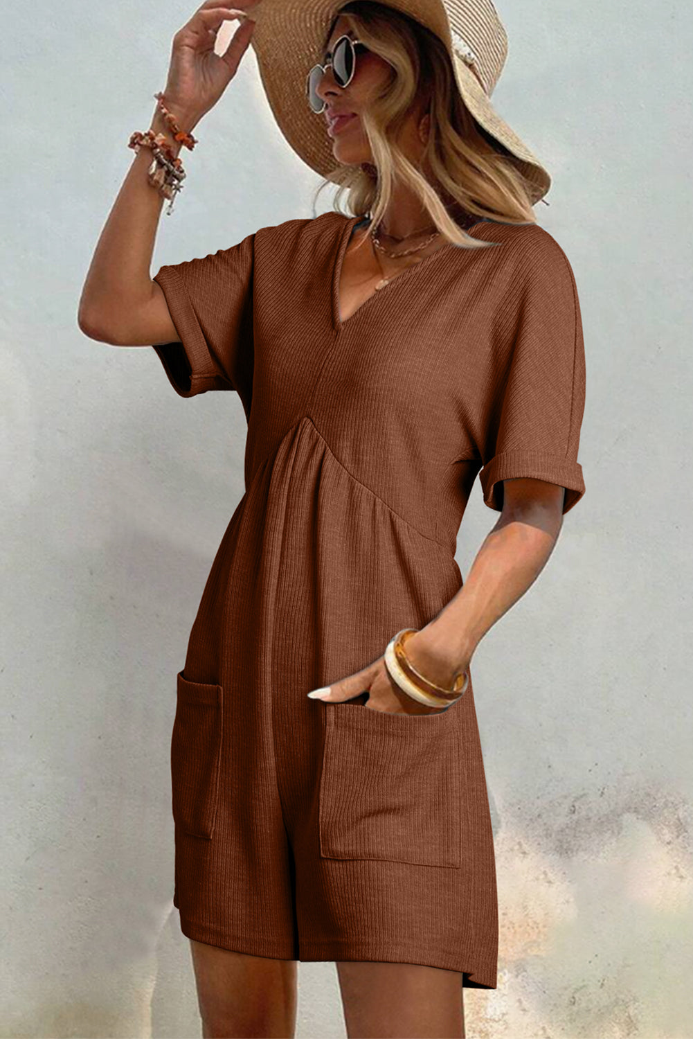 Coffee Solid Color Knit V Neck Zipped Loose Romper-Bottoms/Jumpsuits & Rompers-[Adult]-[Female]-2022 Online Blue Zone Planet
