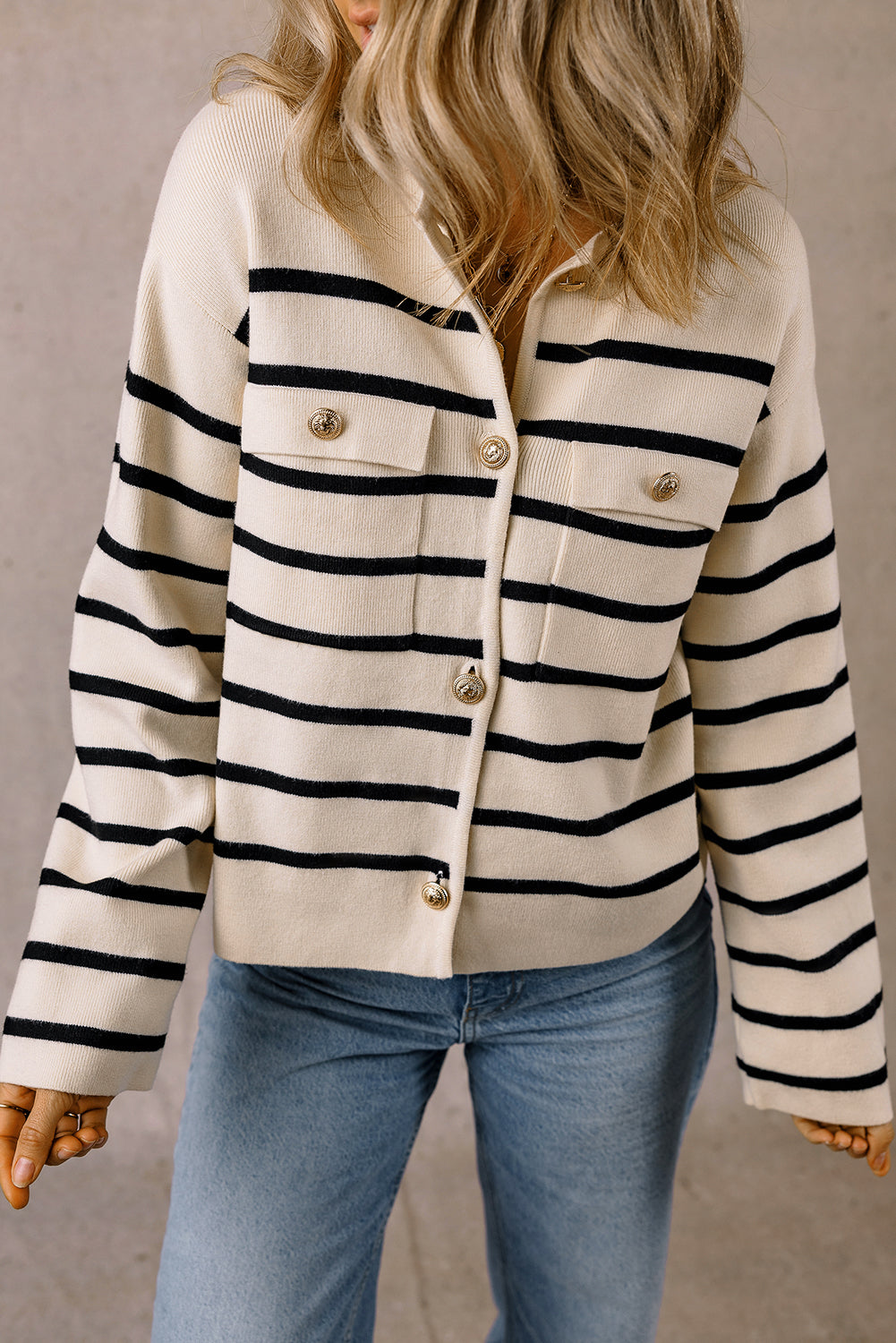 Blue Zone Planet | Black Stripe Flap Pocket Buttoned Cardigan Sweater-Sweaters & Cardigans/Cardigans-[Adult]-[Female]-Black Stripe-S-2022 Online Blue Zone Planet