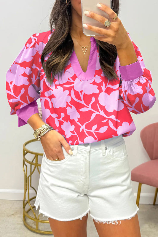 Red Floral Print Split V Neck Cuffed Bracelet Sleeve Blouse-Bracelet-[Adult]-[Female]-Red-S-2022 Online Blue Zone Planet