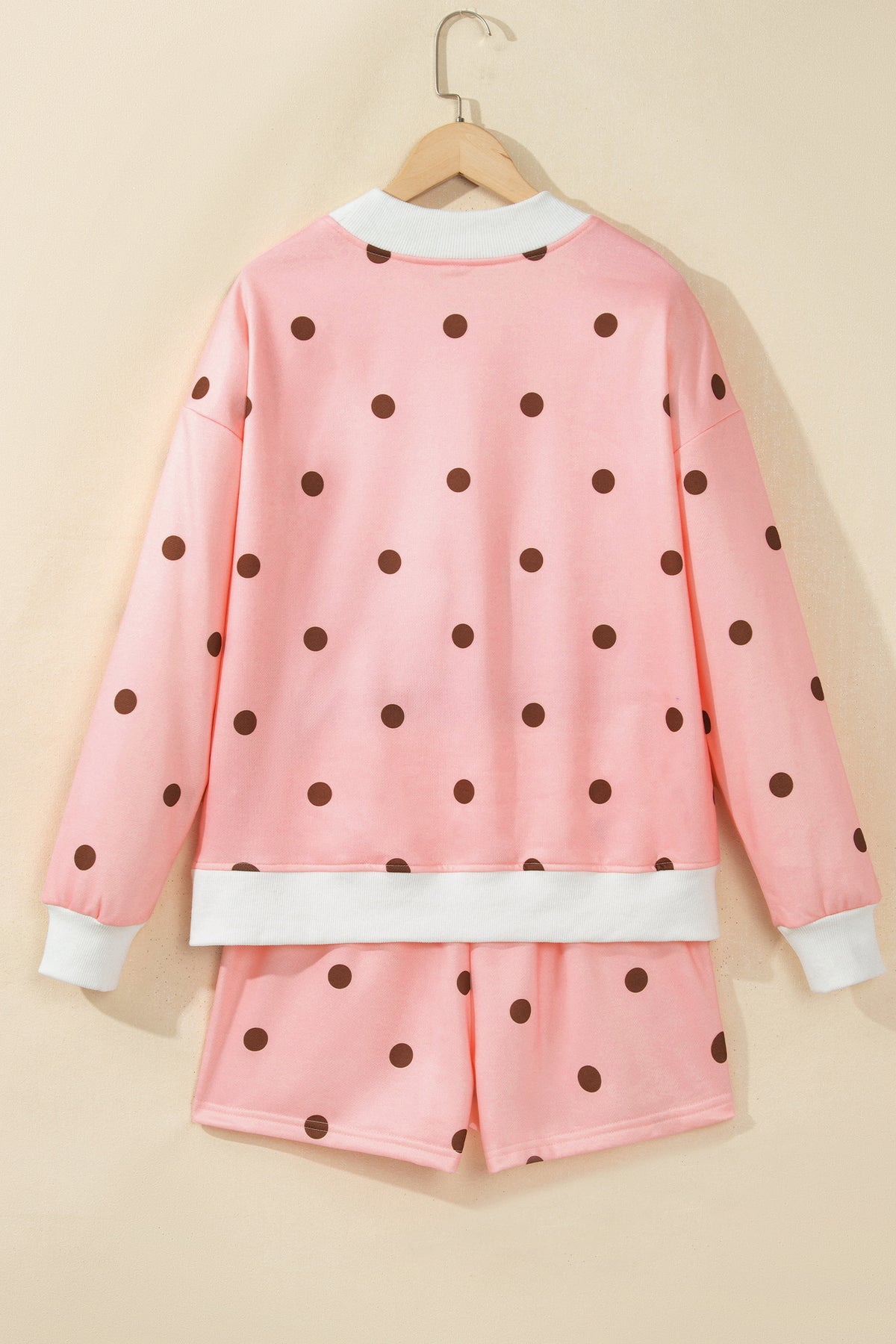 Brown Polka Dot Ribbed Trim Long Sleeve Top Casual Short Set-Two Piece Sets/Short Sets-[Adult]-[Female]-2022 Online Blue Zone Planet