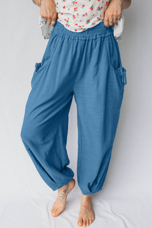 Prussian Blue Smocked Waist Casual Jogger Style Pants-Tops / Dresses-[Adult]-[Female]-Prussian Blue-S-2022 Online Blue Zone Planet