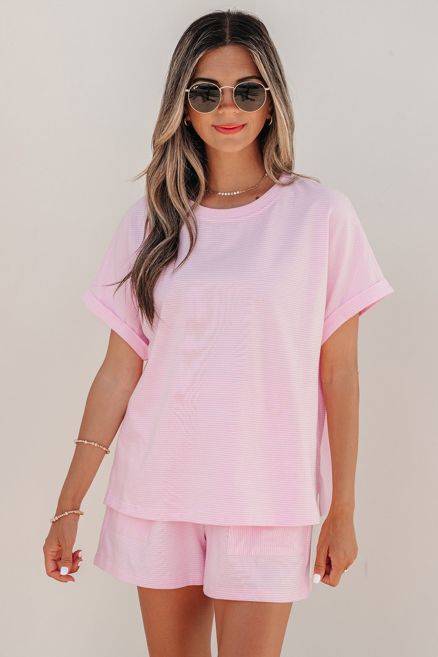 Pink Stripe Matching Oversized Tee and Drawstring Shorts Set-Two Piece Sets/Short Sets-[Adult]-[Female]-2022 Online Blue Zone Planet
