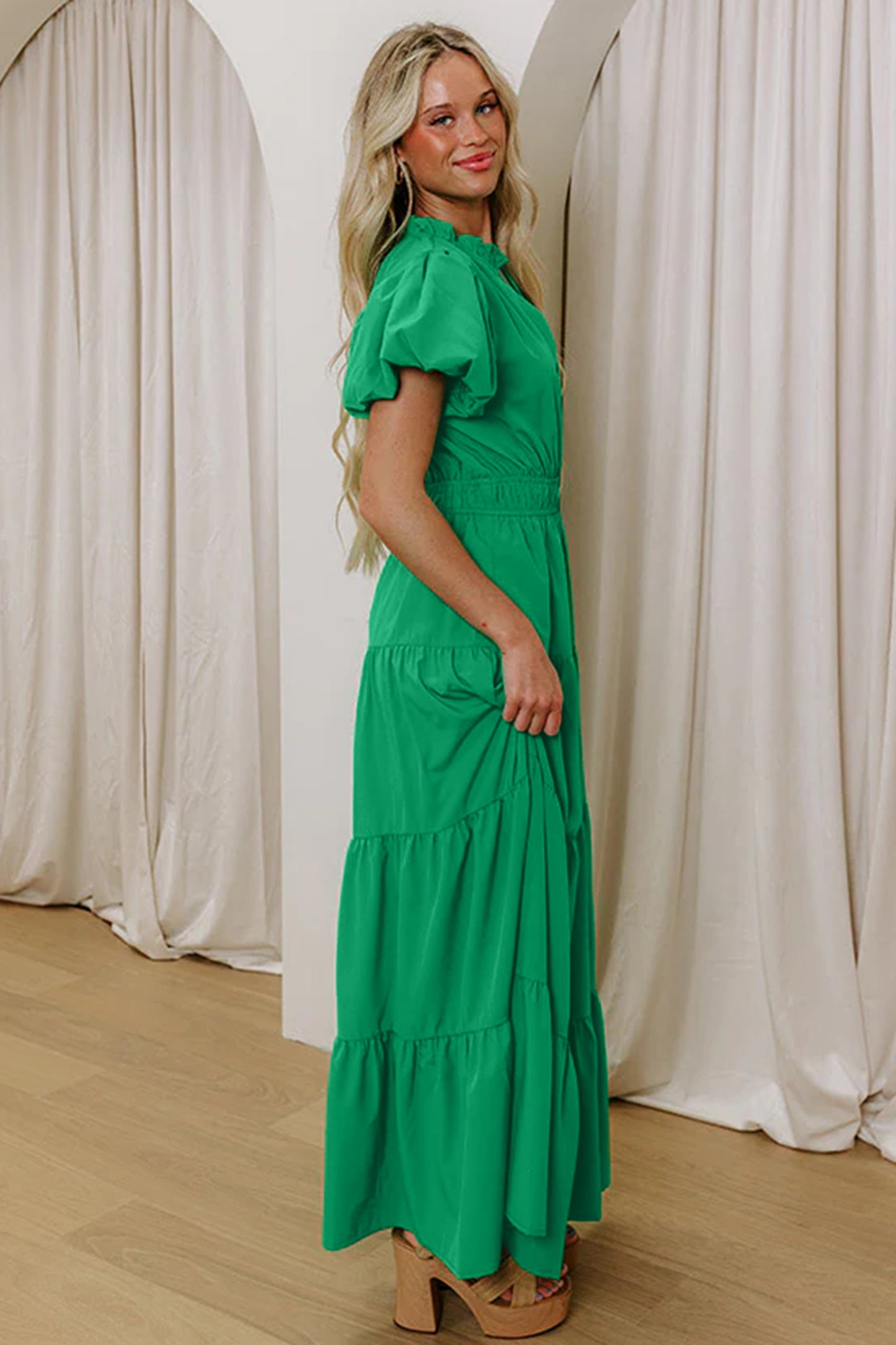 Bright Green Solid Color V Neck Short Puff Sleeve High Waist Tiered Maxi Dress-Dresses/Maxi Dresses-[Adult]-[Female]-2022 Online Blue Zone Planet