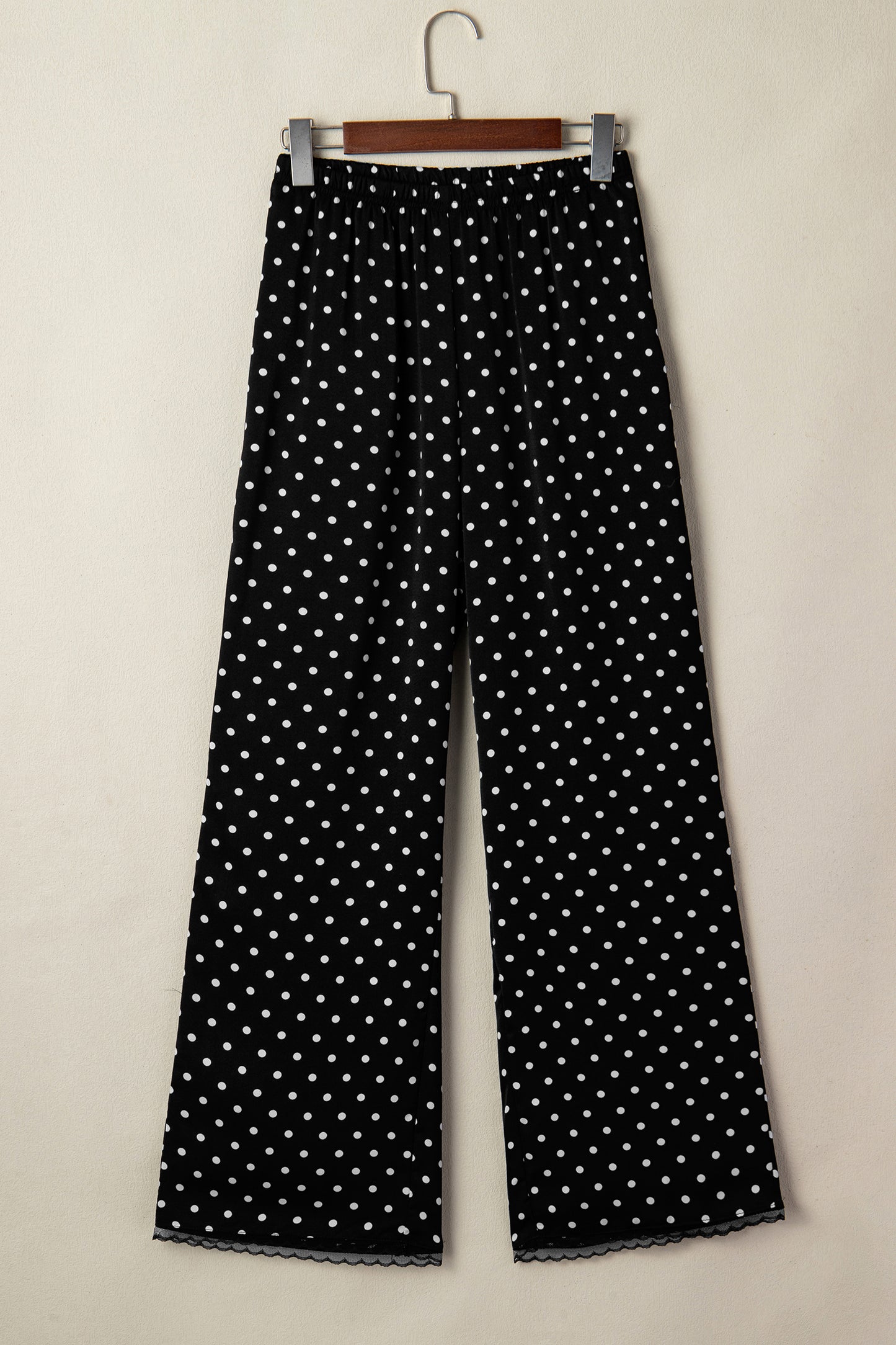Black Polka Dot Print Elastic Waist Lace Hem Loose Pants-Bottoms/Pants & Culotte-[Adult]-[Female]-2022 Online Blue Zone Planet